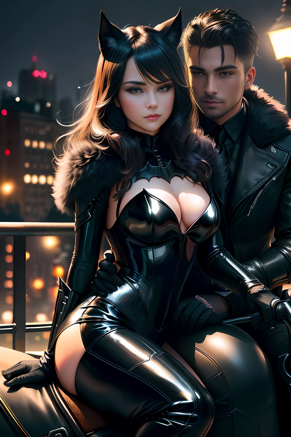 batman and catwoman riding together on the same horse ((a beautiful, strong, shiny fur, black and expressive eyes, Black Steed)), Batman is riding bareback without a saddle on the Black Corvel and Catwoman is sitting in front of him on the Black Steed, are riding in Gotham city municipal park, a beautiful couple on valentine's day, realistic, high definicion, ultra resolution, ultra definicion, detailed, Fujifilm XT3, Dark ilumination, intensity, dramatic, romantic, 64k,