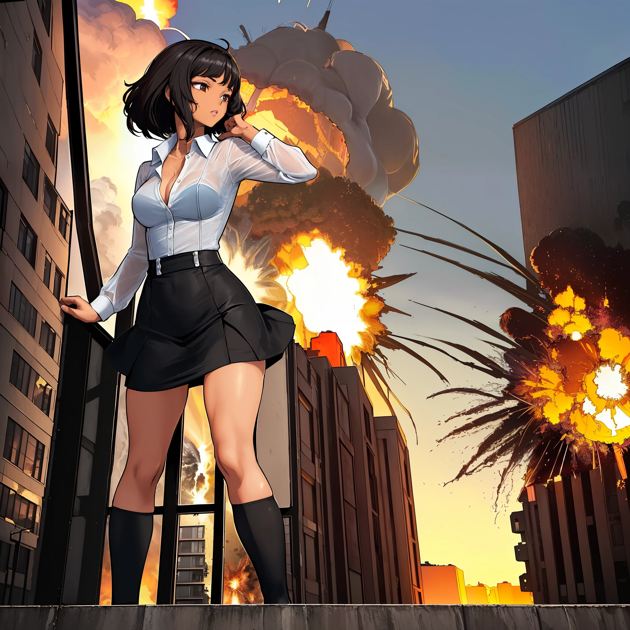 a afroHero (masterpiece, best quality), Female brunette, woman character, (((looking out the window seeing an explosion in the distance in the city, surprise pose))), (comic style artwork with perfect anatomy), perfect body, transparent wet ultrathin white dress shirt unbuttoned, black knee high tights, (black short miniskirt), highly detailed--no outline