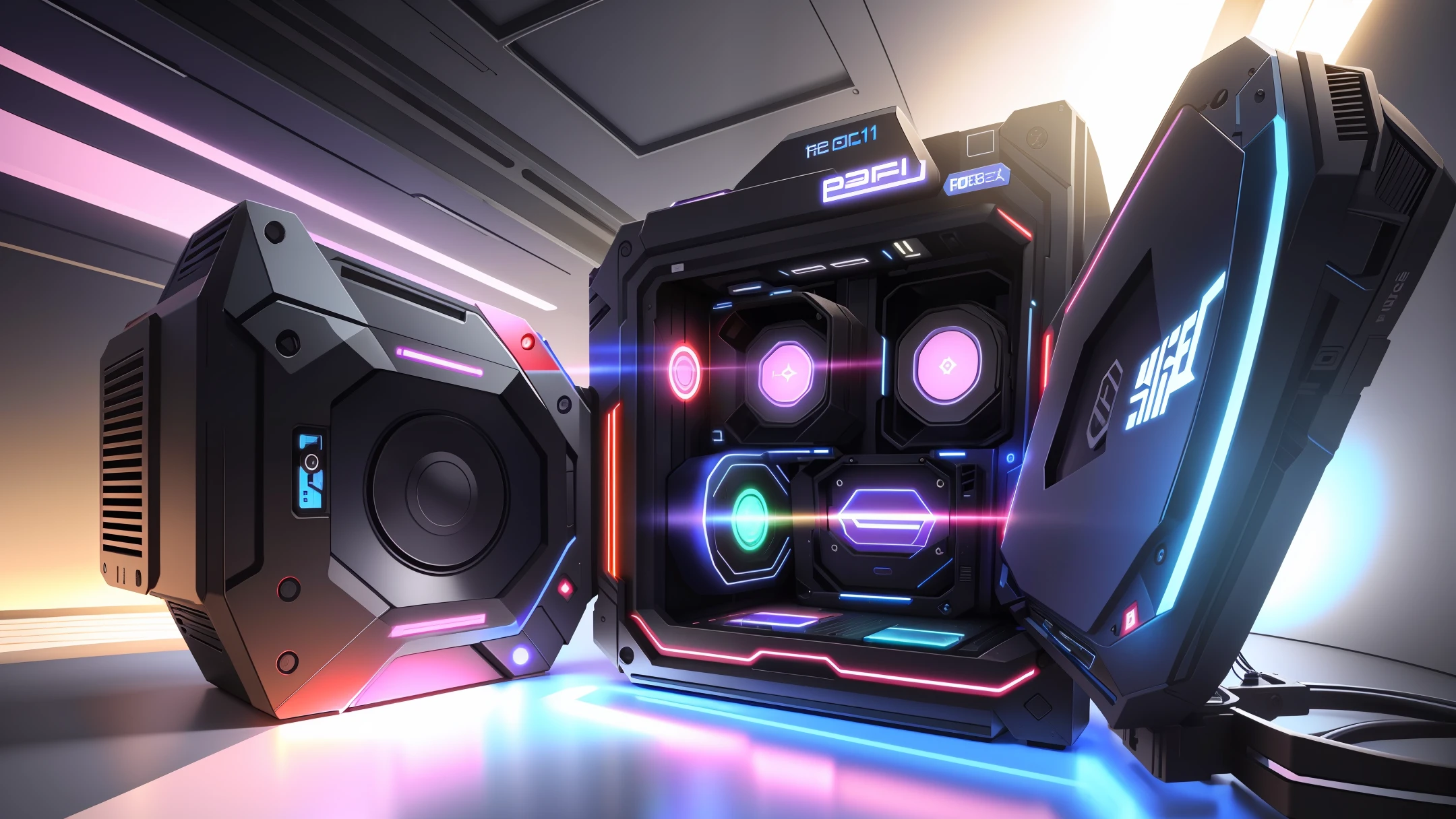 a huge portable pc in size of huge room,sci fi style,photorealistic:1.4,ultra sharp resolution,realastic electronic congugated wires connected to pc,deep sharp details,8K, super 3 dimensions shadow effects, heavy huge 3 dimensions effects:1.4,complex of multi color combinations of neon style