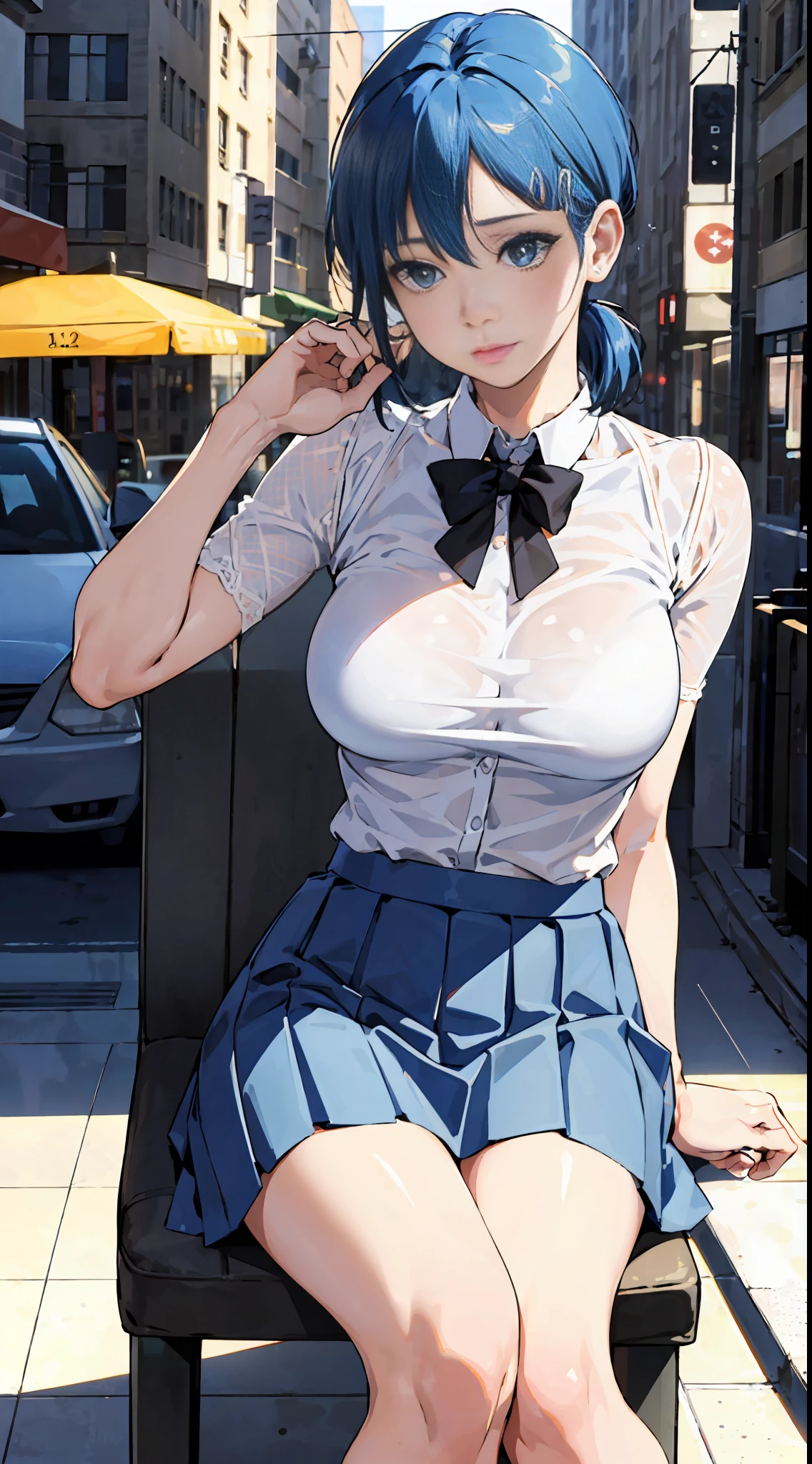 ((Realistic Light Effects, Best Quality, 8K, Masterpiece: 1.3)), Clear Focus: 1.2, 1girl, Beautiful woman with perfect body: 1.4, Slender abs: 1.1, ((Blue hair, big breasts: 1.2)), (Mesh skirt: 1.3), Sleeping position, (Outdoor, night: 1.1), Urban street, ultra-fine face, fine eyes, double eyelids, lift up your clothes, sit on a chair, up and down, bulging breasts,