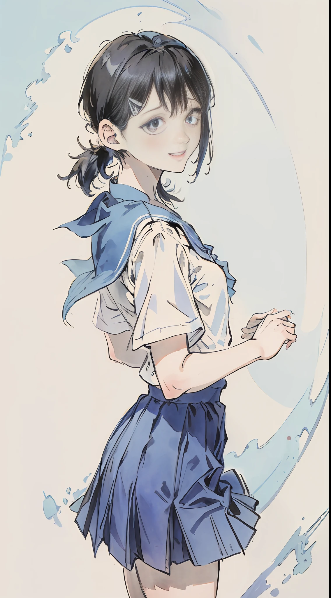 masterpiece, best quality, highres, ym1, blue sailor collar, blue skirt, short sleeves, white shirt, white socks, serafuku, pleated skirt, school uniform, blue neckerchief, smile, from side,