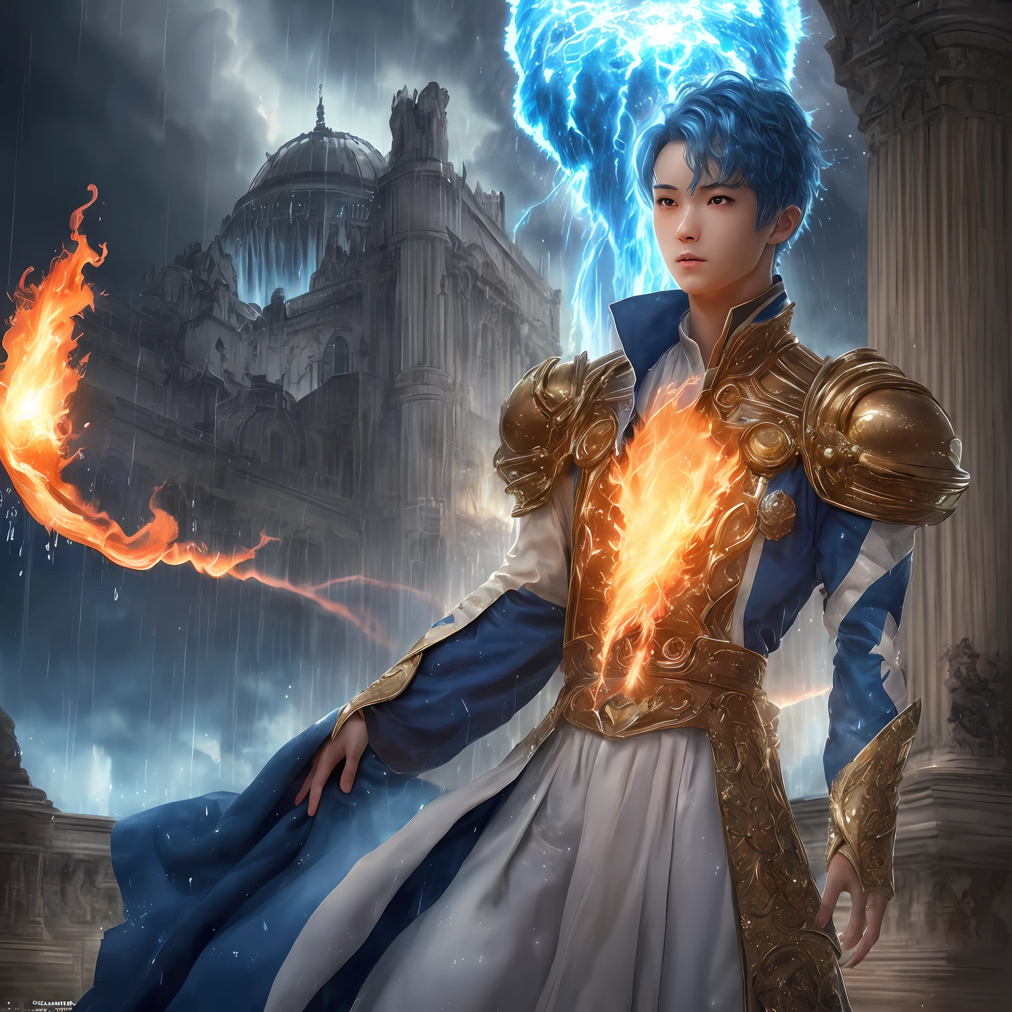 masterpiece, best quality, 1boy, illustration, {beautiful detailed girl}, beautiful detailed glow, (flame of war: 1.2), (nuclear explosion behind: 1.3), rain, detailed lighting, detailed water, (beautiful detailed eyes: 1.1), palace, azure hair, disheveled, long sleeves, underwear