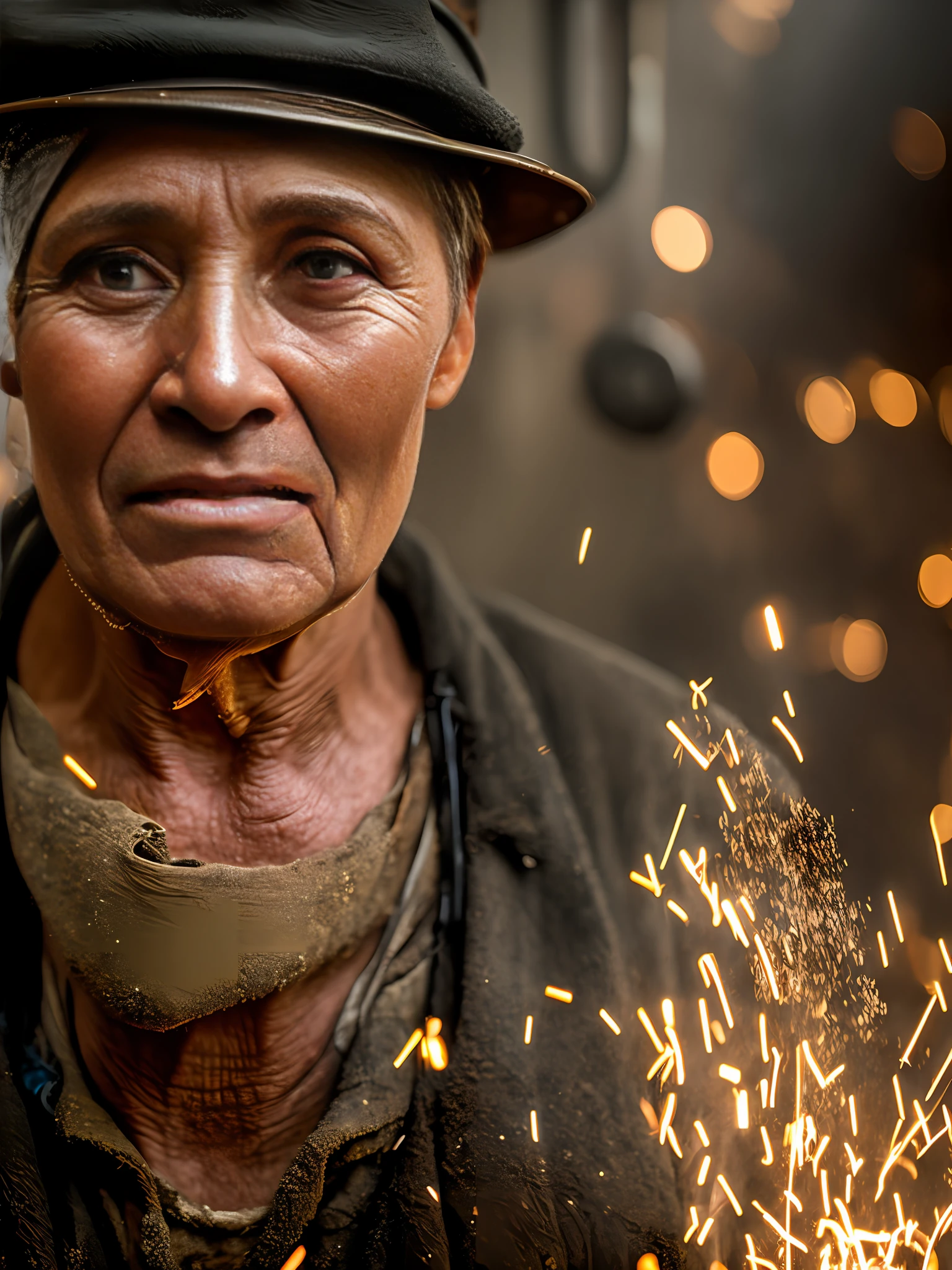 macro crisp quality, wet plate photograph close up of factory worker in Victorian era boiler room, rough skin, sad eyes, sparkles, age 64, coal dust in the air, unreal engine, UE5,  cinematic, very detailed, sony A7iii, 85mm prime, f/1.8, octane render + hyper realistic, Photograph