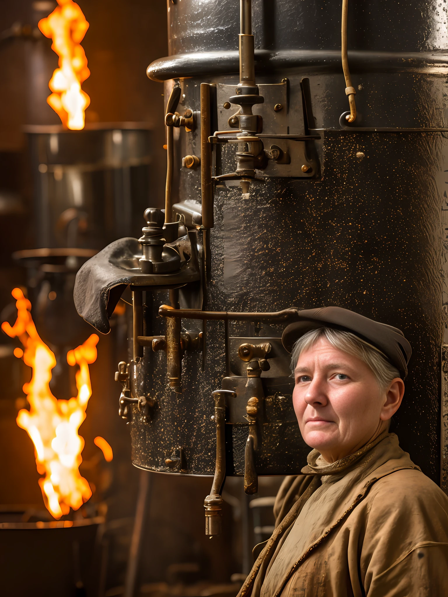 macro crisp quality, wet plate photograph close up of factory worker in Victorian era boiler room, rough skin, sad eyes, sparkles, age 64, coal dust in the air, unreal engine, UE5,  cinematic, very detailed, sony A7iii, 85mm prime, f/1.8, octane render + hyper realistic, Photograph