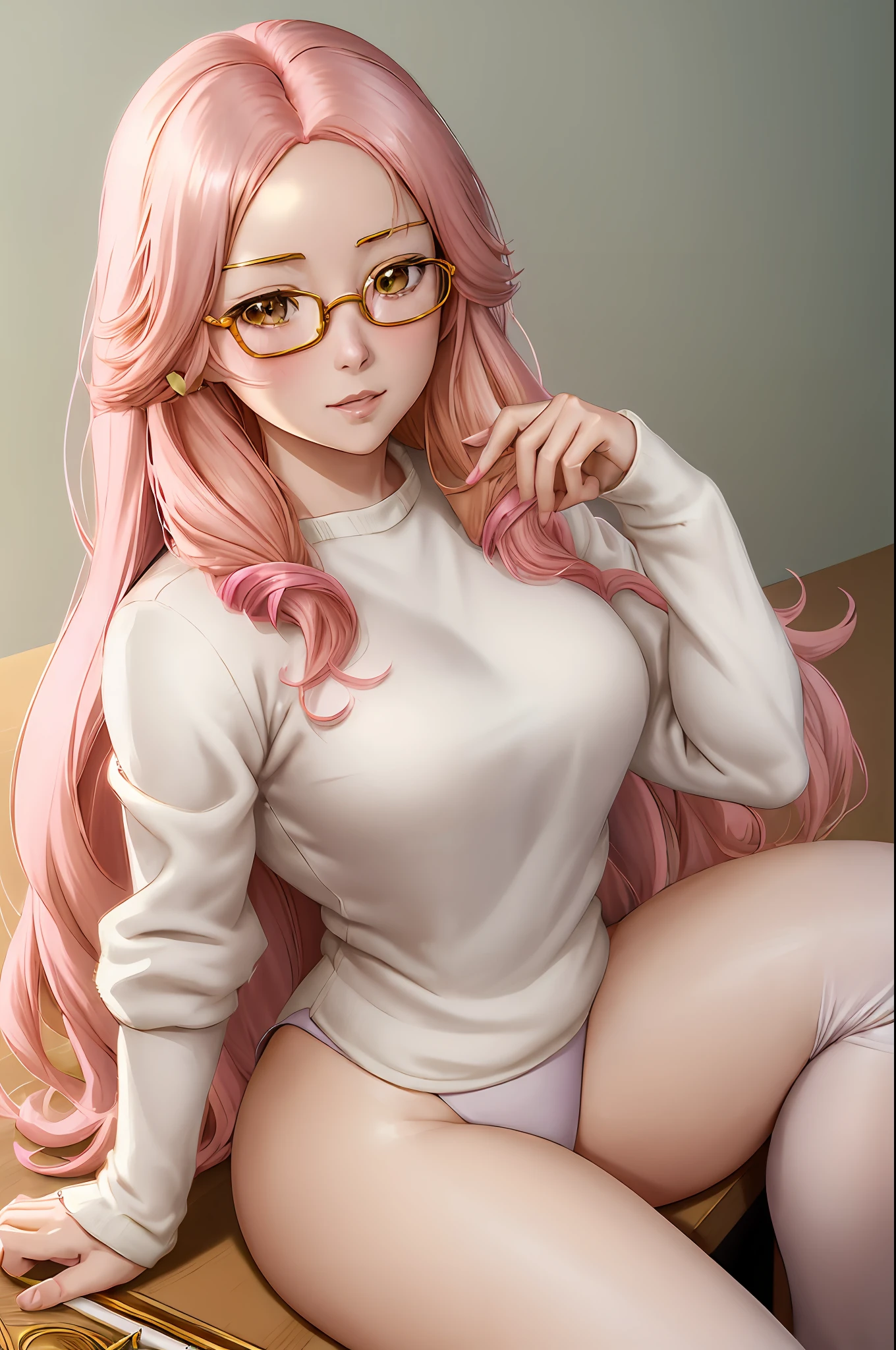 (2d cute anime:1.3). Fantasy. Irene Bae JooHyun, sitting, detailed white sweater. half body portrait, Vixip, design by Yusuke Kozaki, oil by Gregory Manchess. stunningly beautiful, golden eyeglasses, pink hair, blush, humble, curvy, table, home, hands. Hand drawing illustration. highly detailed. Cinematic lighting