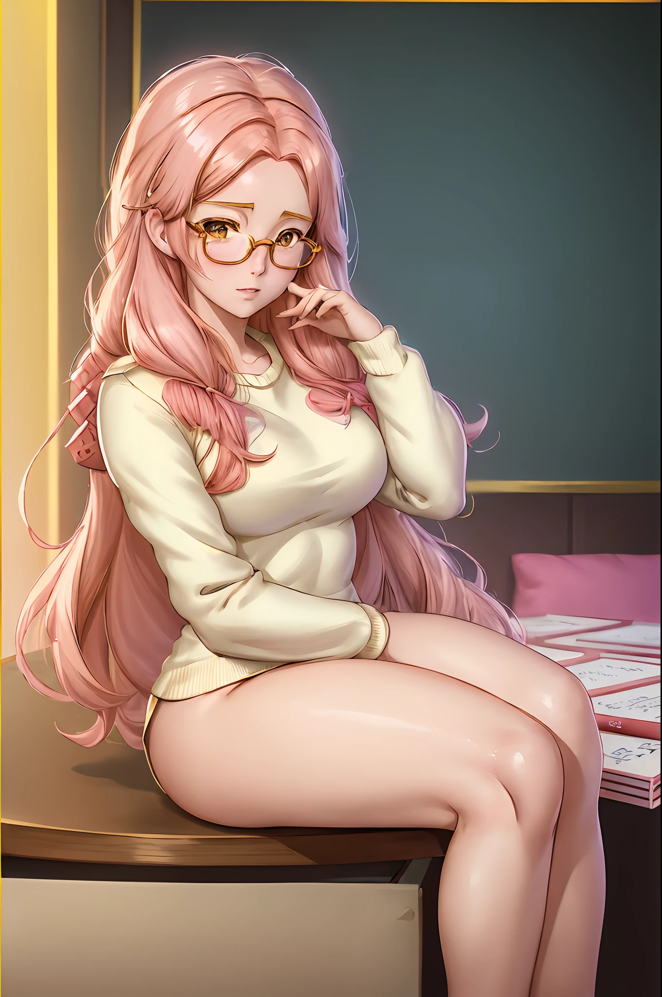 (2d cute anime:1.3). Fantasy. Irene Bae JooHyun, sitting, detailed white sweater. half body portrait, Vixip, design by Yusuke Kozaki, oil by Gregory Manchess. stunningly beautiful, golden eyeglasses, pink hair, blush, humble, curvy, table, home, hands. Hand drawing illustration. highly detailed. Cinematic lighting