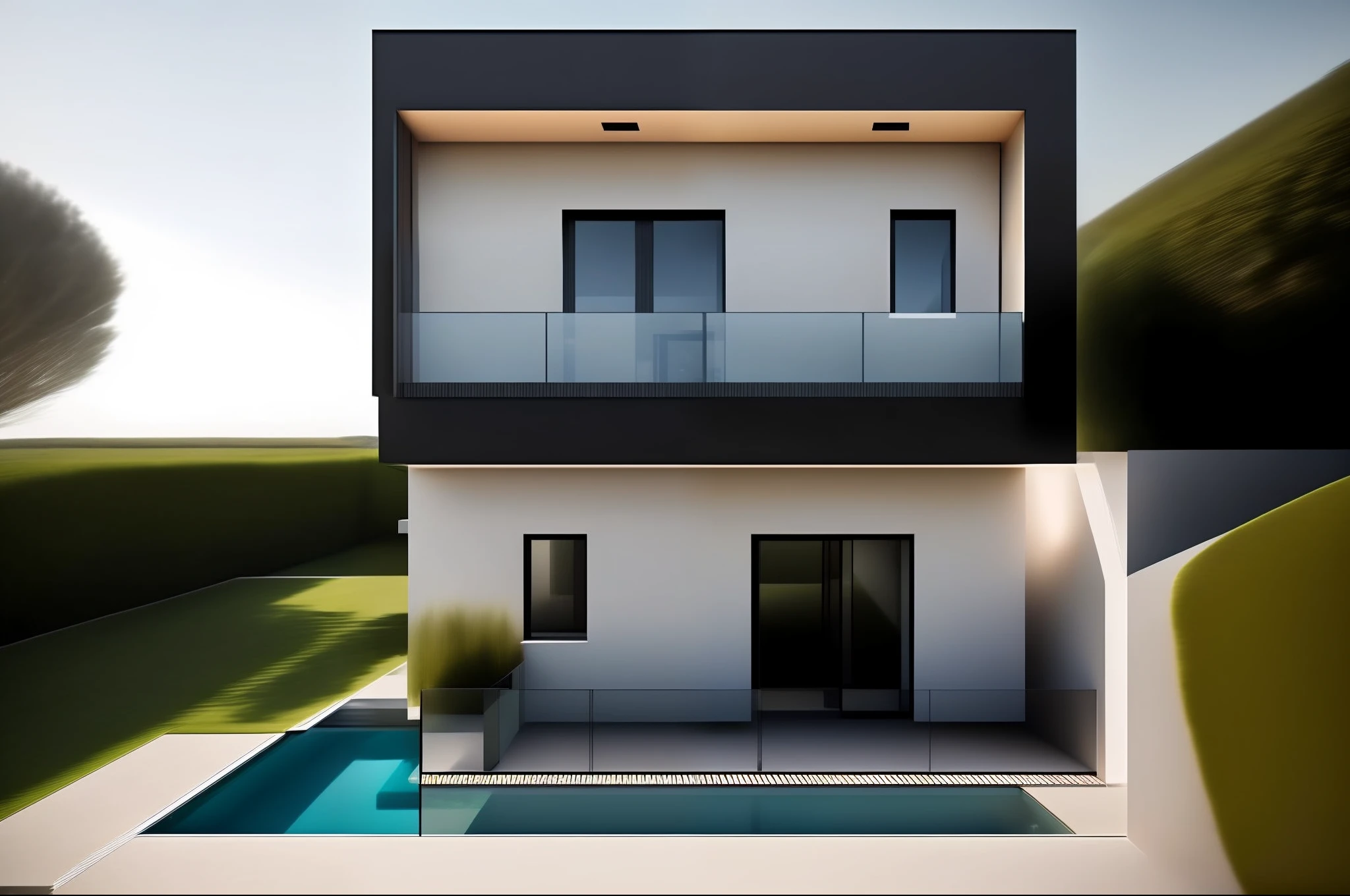 NewArchitecture, luxury Villa, swimming pool on the side, a car in front parking