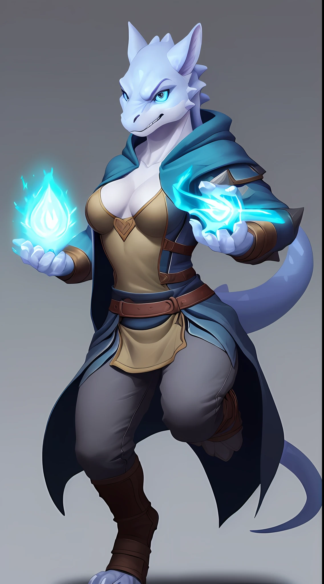 (Lizard), (blue), reptile, antro, (wearing tunic), wearing cloak, (wearing cotton pants), high detail, high resolution, raw photo, gray background, cleavage, 1girl, solo, medium breasts, high quality, hi res, sharp, detailed body, detailed, cartoony, ((holding magic)), ((looking at viewer)), (angry), mad, t full body, whole body, ((full body portrait)), far away, (((full body concept))), attack pose, battle pose, average body, slim, weak, thin, skinny, small waist, ice magic, blue magic