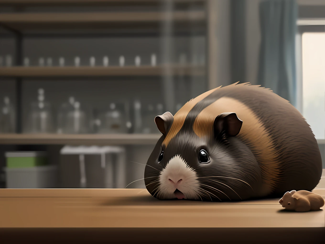 Inside the laboratory, a huge guinea pig, a man whose size had been shrunk, fled for his life in terror on the table