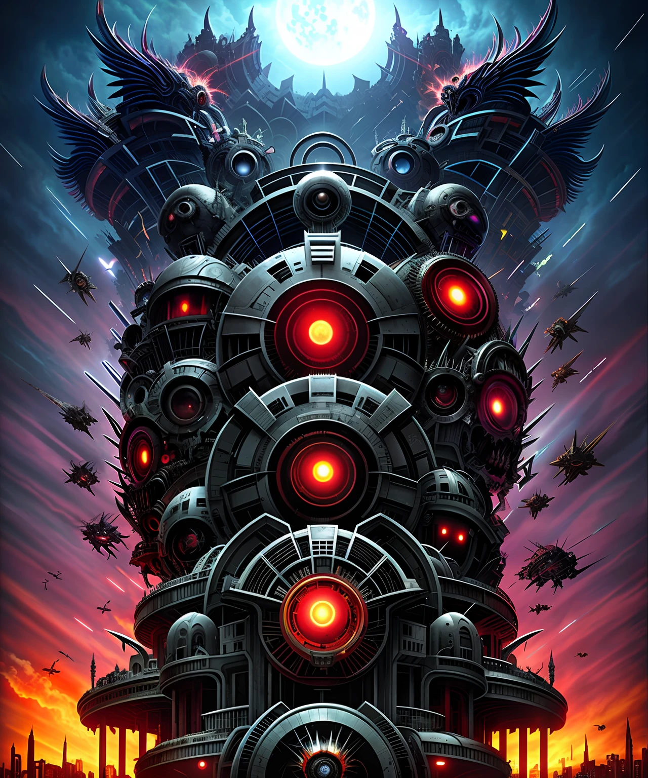 Biomechanical evil creatures attacking a futurist city, devastation, apocalypse, cosmic explosion in the sky, dramatic, horror art, uhd, digital art, illustration by Derek Riggs and Ed Repka and Giger.