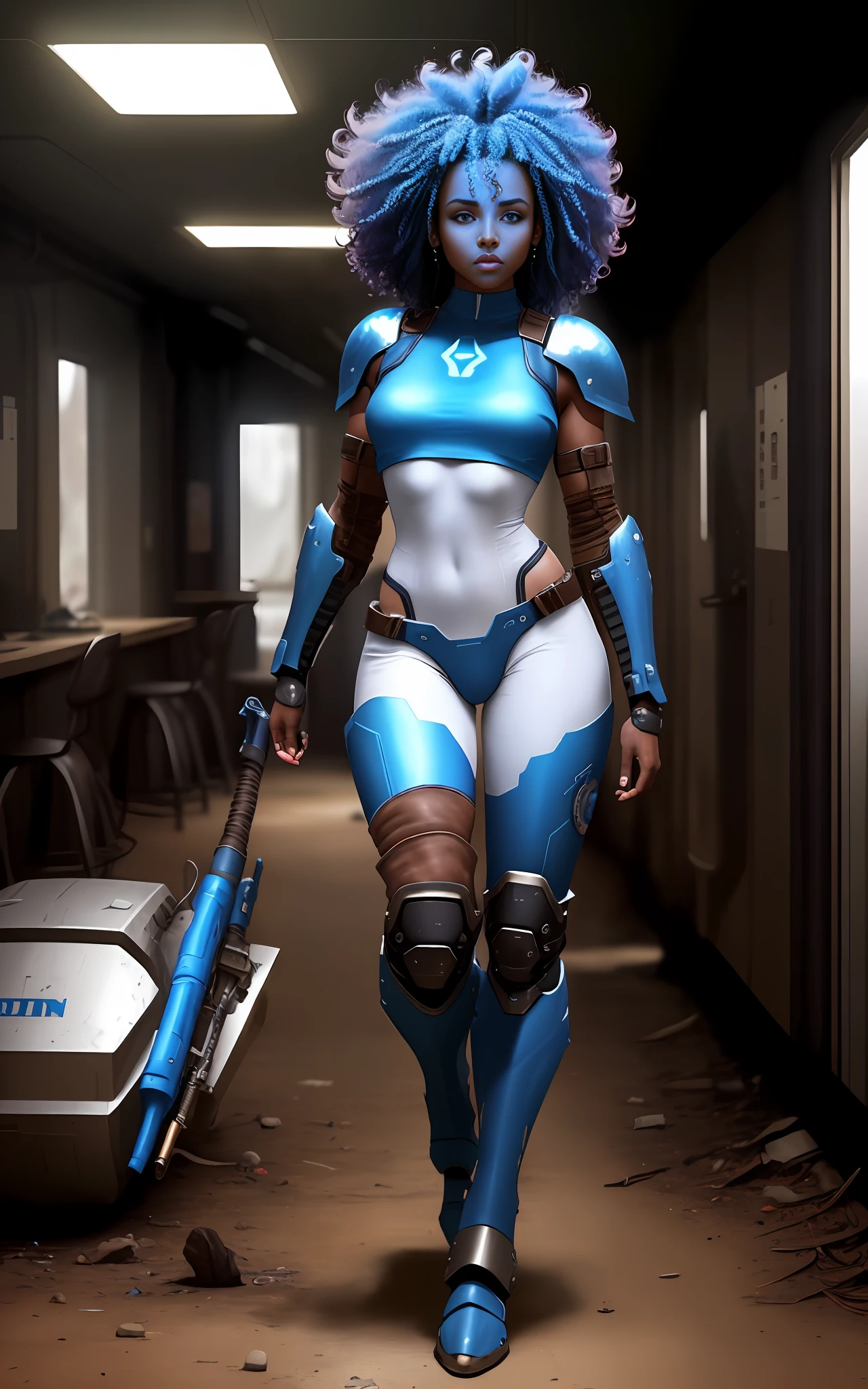 ((An attractive woman with brown skin with blue curly hair, model body)), (futuristic paladin), leather boots with worn knee pads, sci-fi rpg style, full body, standing in natural pose, setting of an abandoned and dark spaceship, GameStation style:1