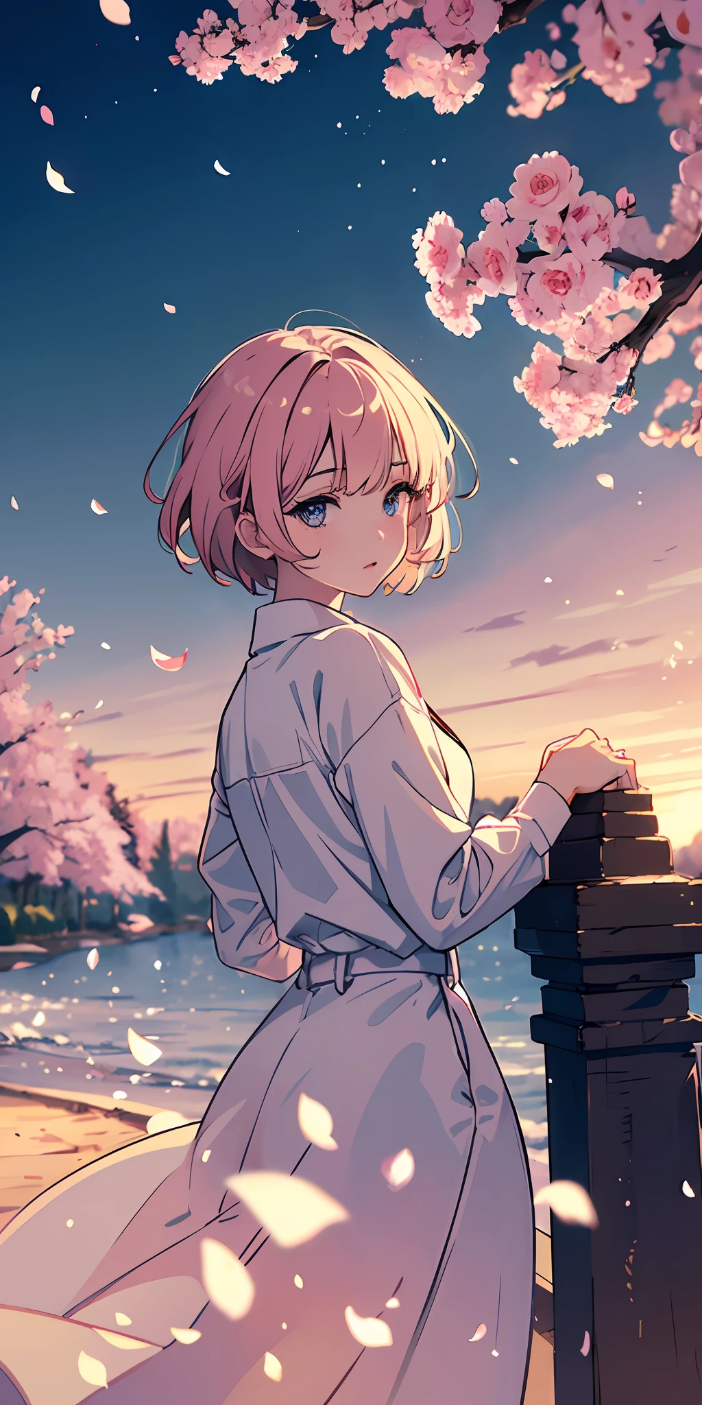 (8k best quality, masterpiece:1.2), (impeccable illustration desinger), (eye details:1.2), (delicate face and features), (extremely detailed background scenery 8k CG wallpaper), cinematic and artistic tones, soft and subtle pastel colors, in a beautiful environment and with rose petals flying with the Sakura tree wind, 1pretty girl with short hair stuck and with bangs, wearing a school uniform, in an artistic and three-dimensional cinematic lighting.
