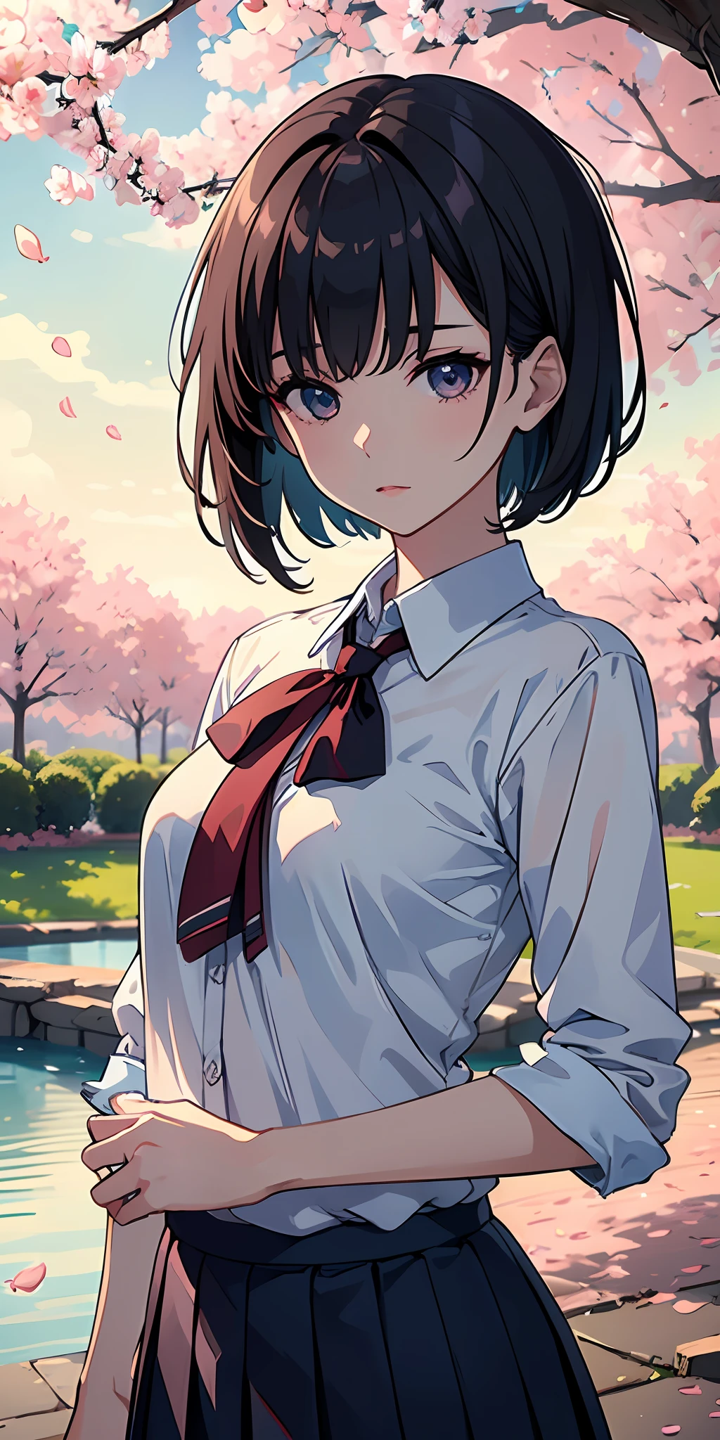 (8k best quality, masterpiece:1.2), (impeccable illustration desinger), (eye details:1.2), (delicate face and features), (extremely detailed background scenery 8k CG wallpaper), cinematic and artistic tones, soft and subtle pastel colors, in a beautiful environment and with rose petals flying with the Sakura tree wind, 1pretty girl with short hair stuck and with bangs, wearing a school uniform, in an artistic and three-dimensional cinematic lighting.