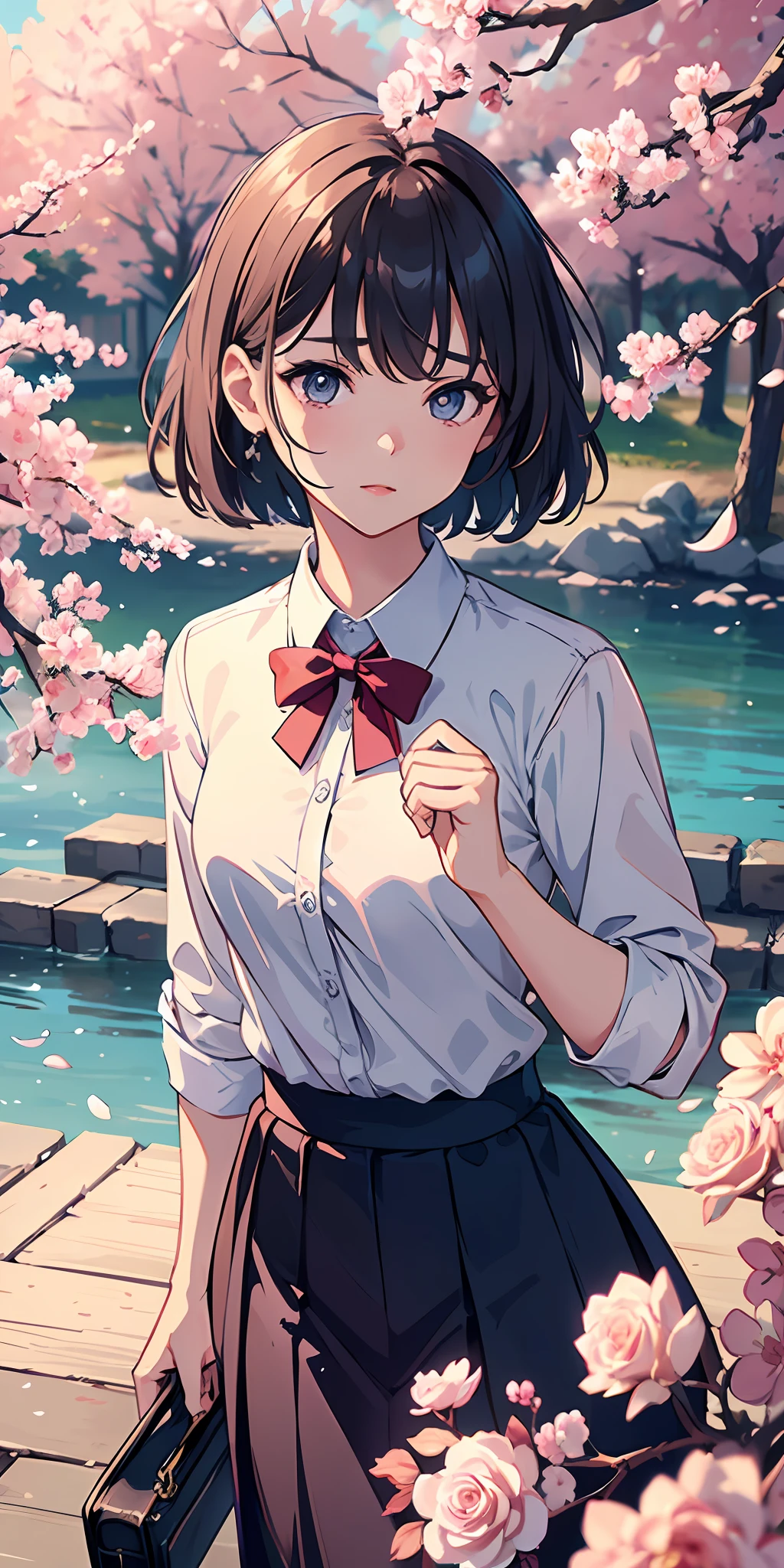 (8k best quality, masterpiece:1.2), (impeccable illustration desinger), (eye details:1.2), (delicate face and features), (extremely detailed background scenery 8k CG wallpaper), cinematic and artistic tones, soft and subtle pastel colors, in a beautiful environment and with rose petals flying with the Sakura tree wind, 1pretty girl with short hair stuck and with bangs, wearing a school uniform, in an artistic and three-dimensional cinematic lighting.