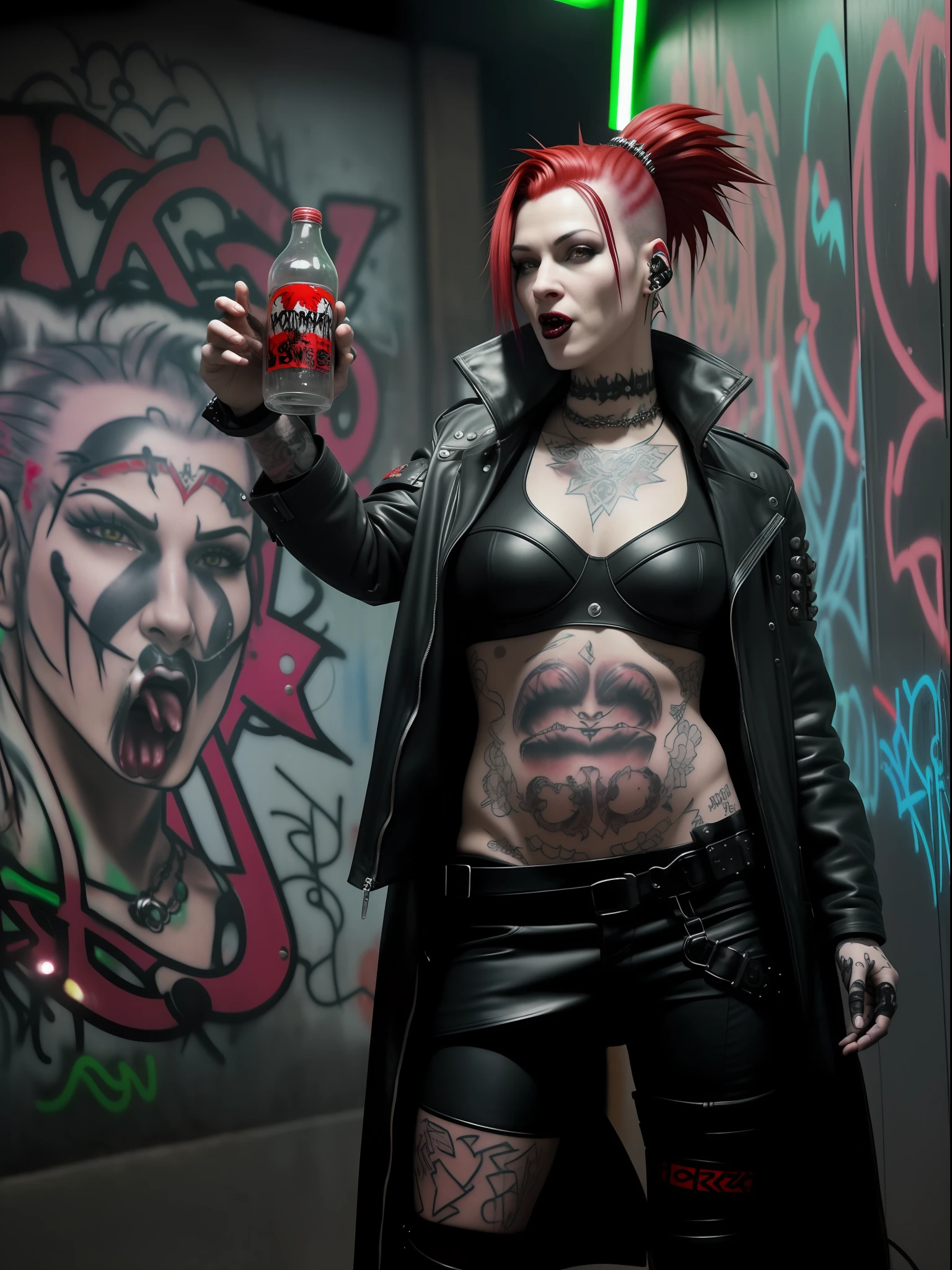 Create the realistic frontal image of a woman, full body, tattooed, with blood red mohawk hair, wearing cyberpunk costumes, showing her tongue, with a bottle of drink in one hand and a cigarette in the other, at a party in a subway station, with graffiti walls and with anarchist and feminist symbols, illuminated by lights of colored neon signs scattered throughout the environment,  Surrounded by tattooed people, characters from the Matrix movie dressed as punks and goths and revering a man dressed as a demon with a microphone in his hand
Preparing
