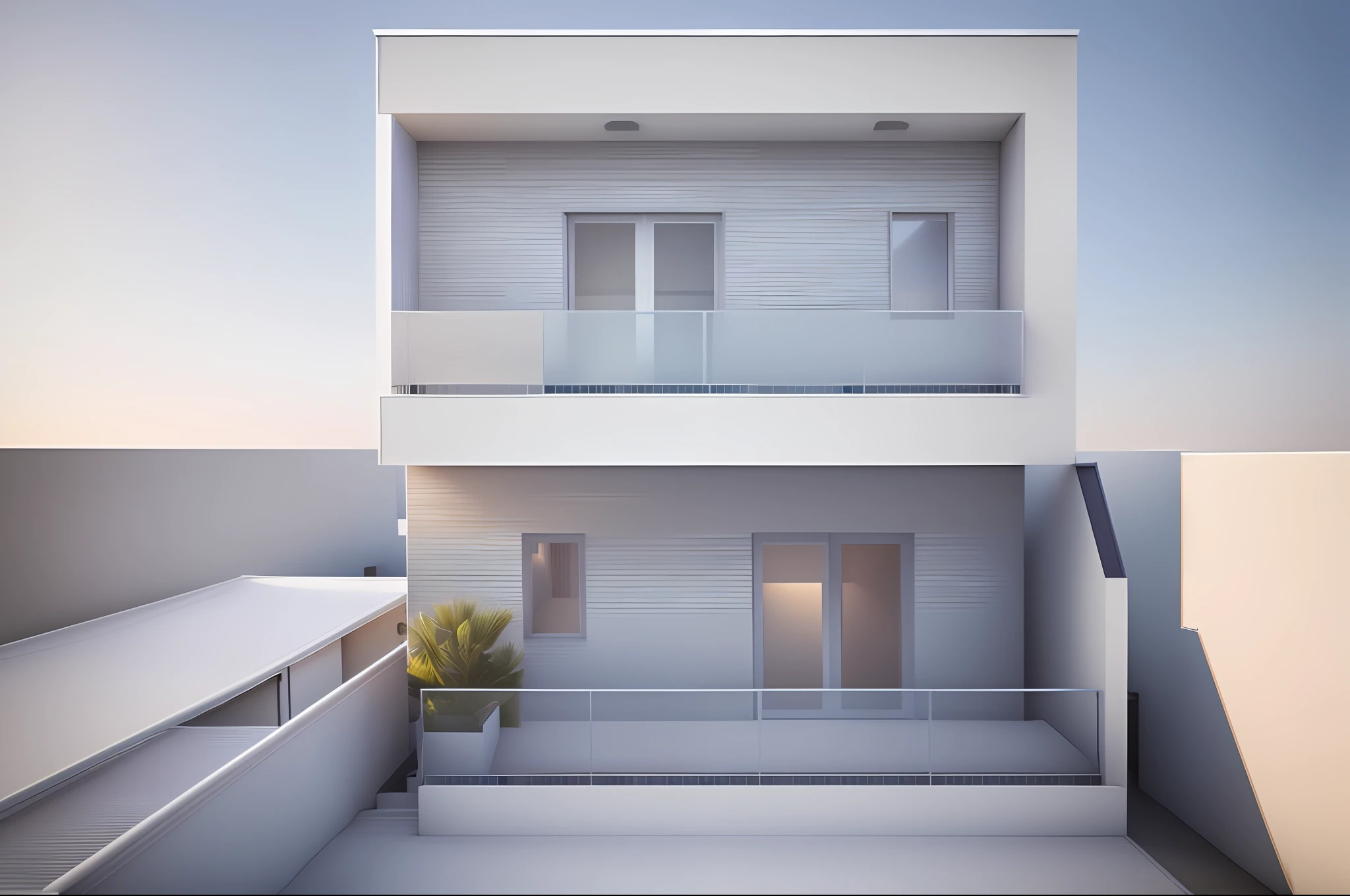a rendering of a two story house with a balcony and balconies, concept house, exterior design, 3/4 view realistic, front elevation view, vue 3d render, frontview, 3/4 view, 3 / 4 view, overall architectural design, contemporary house, flat 2 d, front perspective, detailed rendering, 3 d rendering, 3d rendering