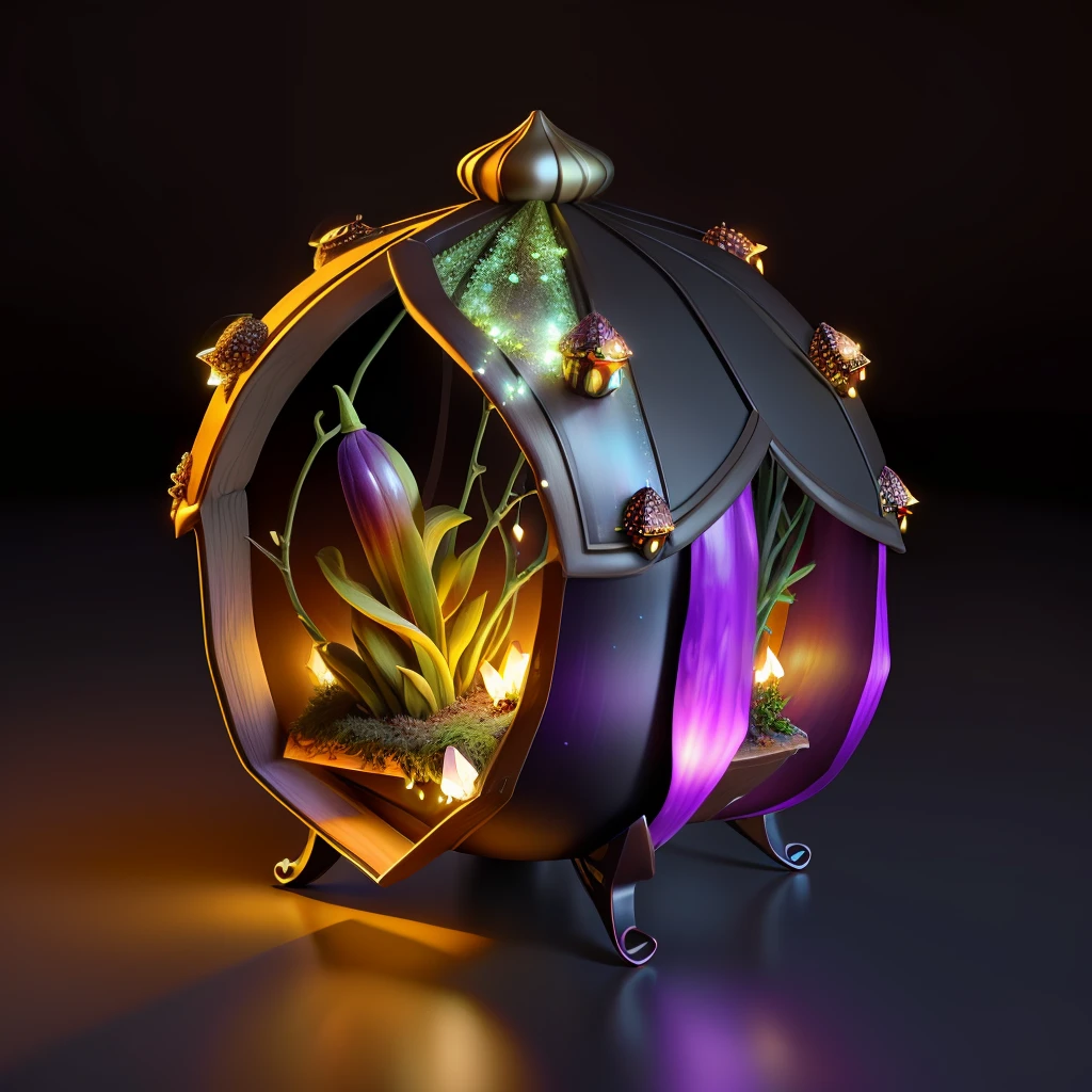 3D, fantasy style, Eggplant ant home, with chilipeppers as fairy lights