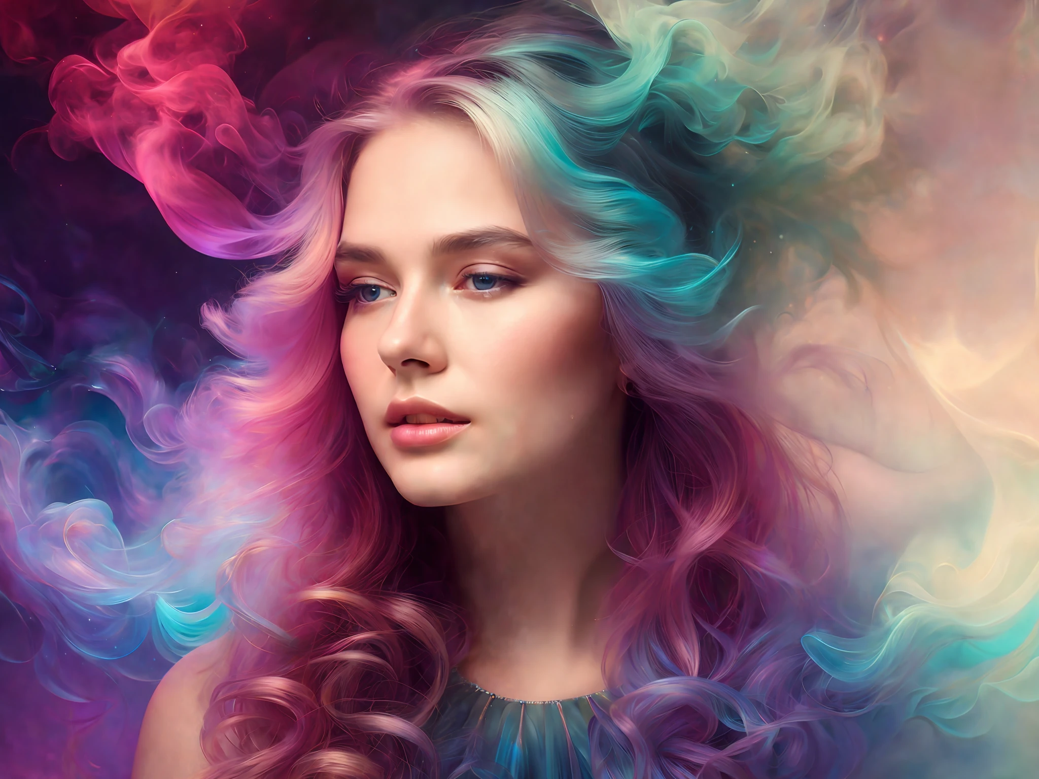 Romanticism, UHD, attractive, ethereal, elegant, ager, beautiful, flawless, angelic, soft liquid rainbow smoke background, wind, fractal neon antimatter finish, highly detailed, trending on artstation, sharp focus, studio photo, intricate details, highly detailed, by Artgerm, Thomas Kinkade, Anna Dittmann, Gerhard Richter