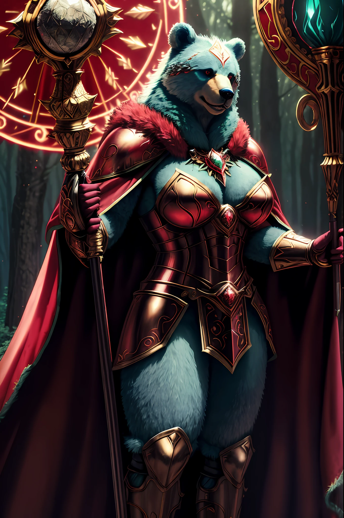 sorceress bear, antropomorphic, high ornamented armor, fluffy fur, foggy, forest, 70mm, cinematic, highly detailed, bear real size, standing, with a staff, magical lights, magical aura, red lights, threadbare cape, red illumination, volumetric lighting”, “best quality”, “masterpiece