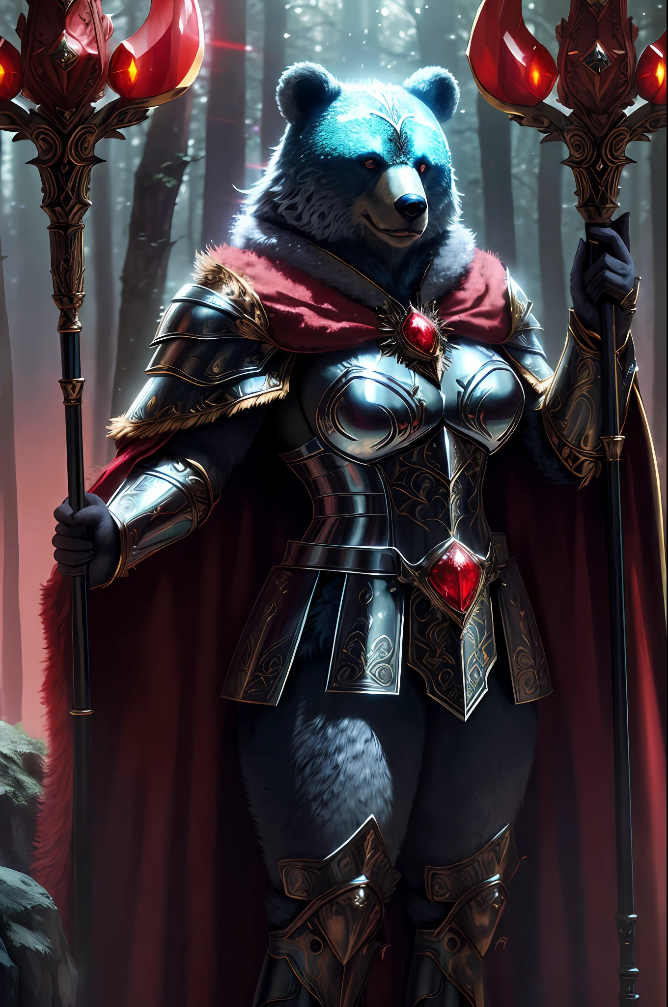 sorceress bear, antropomorphic, high ornamented armor, fluffy fur, foggy, forest, 70mm, cinematic, highly detailed, bear real size, standing, with a staff, magical lights, magical aura, red lights, threadbare cape, red illumination, volumetric lighting”, “best quality”, “masterpiece