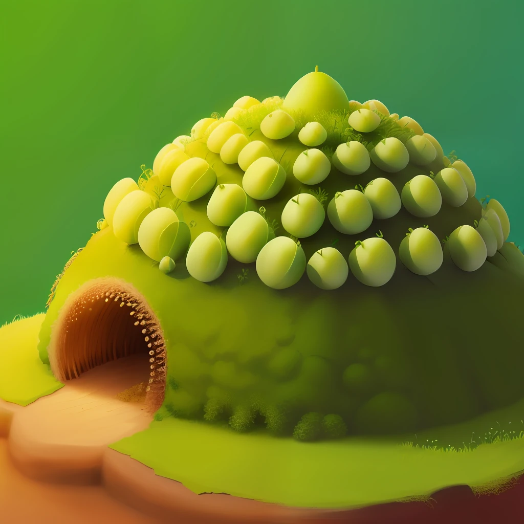 round anthill with green peas inside