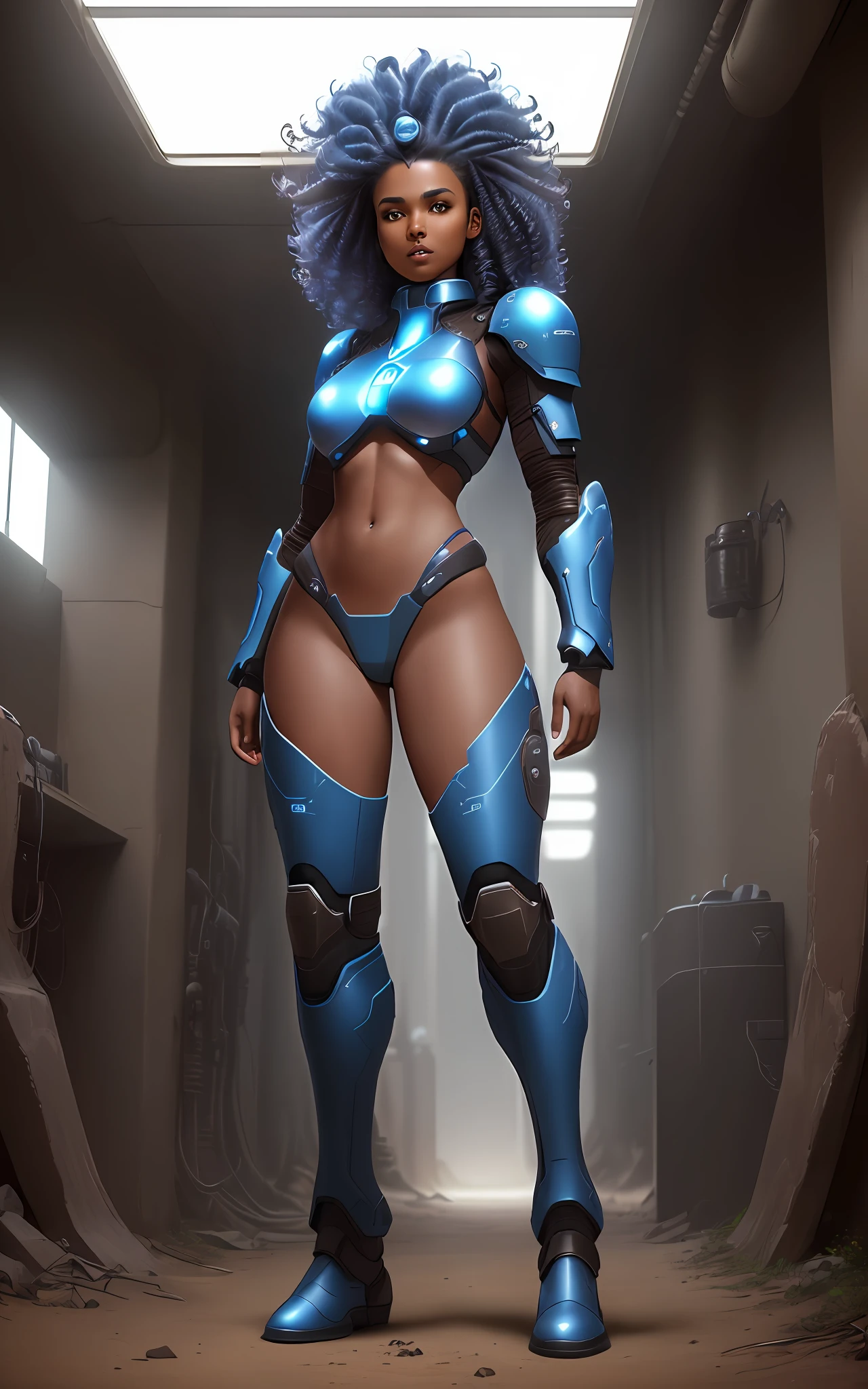 ((An attractive brown-skinned woman with blue curly hair, model body)), (futuristic paladin), ((no clothes)), leather boots with worn knee pads, sci-fi rpg style, full body, standing in natural pose, setting of an abandoned and dark spaceship, GameStation style:1