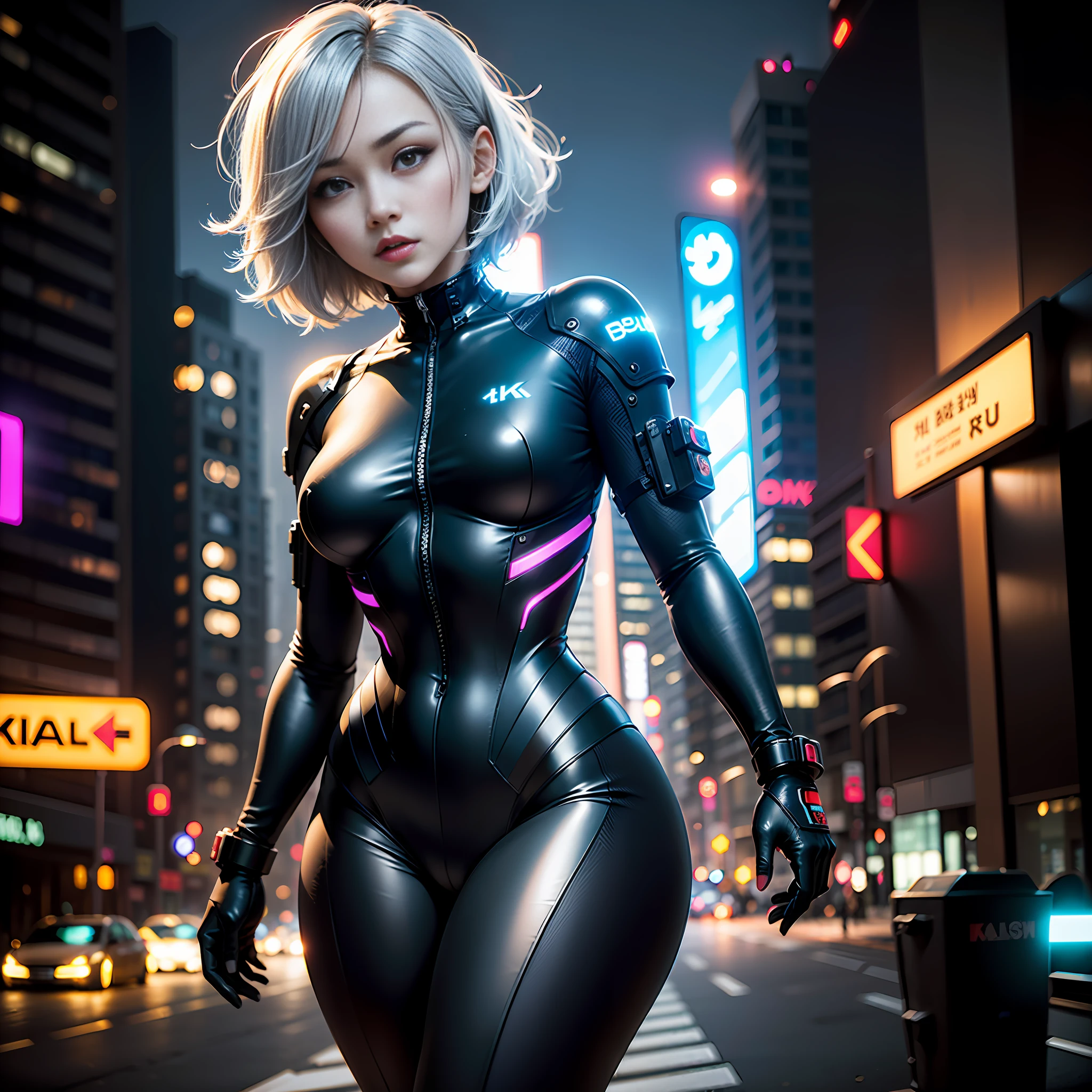 (8k, RAW photo, best quality, mastery:1.2), (realistic, photo-realistic:1.37),(Kpop idol), (aegyo sal:1),cute,professional lighting, photon mapping, radiosity, physically-based rendering , cosplay, lucy \(cyberpunk\), bob cut, mechanical parts, grey eyes, black tight suit, cyberpunk city, black pants, night, neon lights, smoke, looking at viewer,