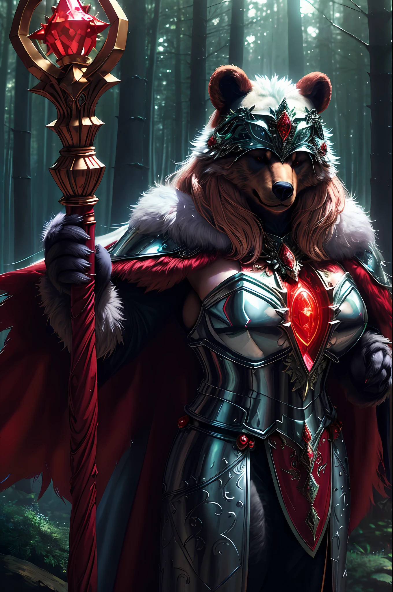 sorceress bear, antropomorphic, high ornamented armor, fluffy fur, foggy, forest, 70mm, cinematic, highly detailed, bear real size, standing, with a staff, magical lights, magical aura, red lights, threadbare cape, red illumination, volumetric lighting”, “best quality”, “masterpiece
