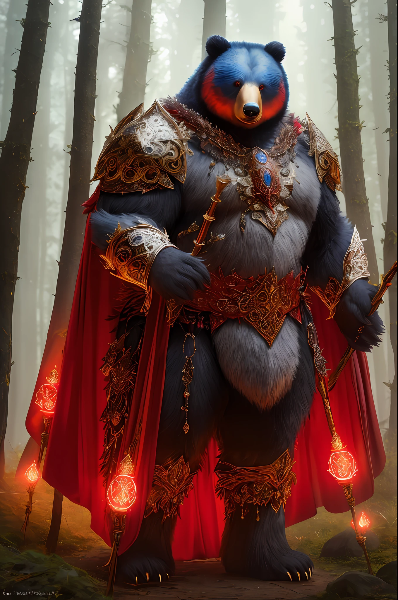 sorceress bear, antropomorphic, high ornamented armor, fluffy fur, foggy, forest, 70mm, cinematic, highly detailed, bear real size, standing, with a staff, magical lights, magical aura, red lights, threadbare cape, red illumination, volumetric lighting”, “best quality”, “masterpiece