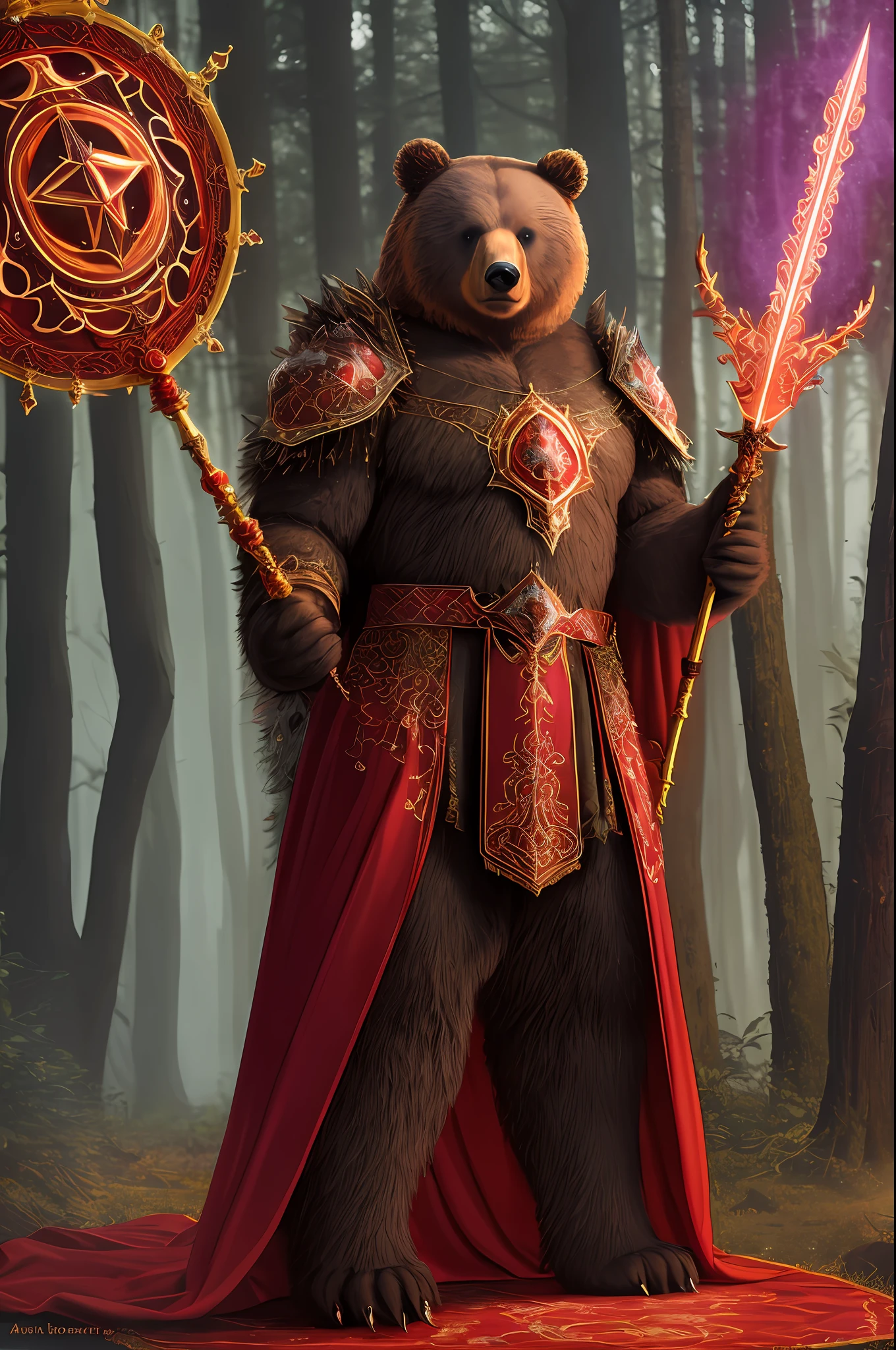 sorceress bear, antropomorphic, high ornamented armor, fluffy fur, foggy, forest, 70mm, cinematic, highly detailed, bear real size, standing, with a staff, magical lights, magical aura, red lights, threadbare cape, red illumination, volumetric lighting”, “best quality”, “masterpiece