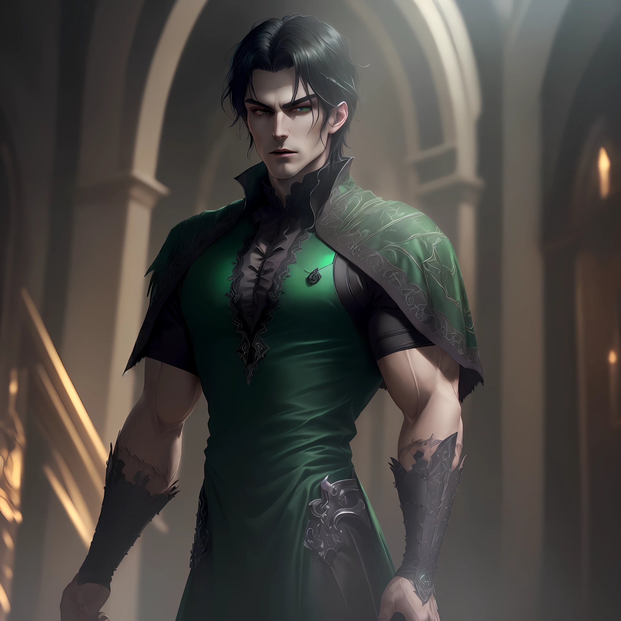 (extremely detailed CG unity 8k wallpaper, masterpiece, best quality),(an extremely delicate and beautiful, dark and gothic atmosphere),(1male),(tall and muscular),(dark emerald green eyes),(black hair),(vampire)