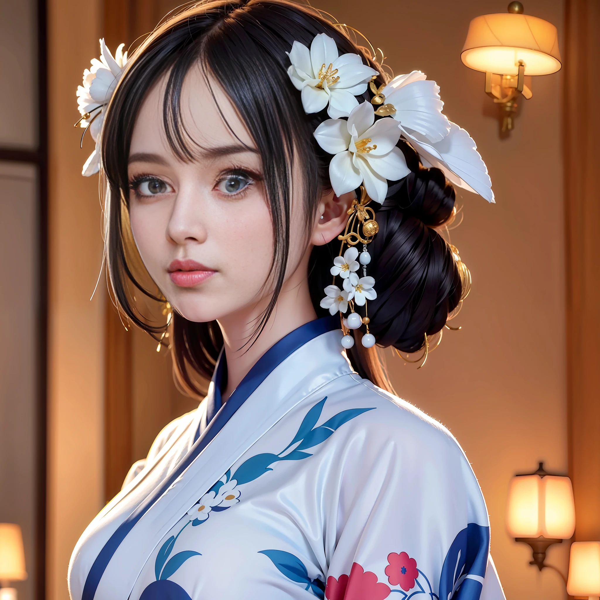 dark white hair, hair bell, crazy eyes, f/1.8, 85mm, Depth of Field, UHD, 8k, 4K, 16k, HD, 1080P, Best quality, high profile, surface texture, super detail, masterpiece, high quality, sexy floral kimono uniform white, 1girl, Big breasts, blue eyes, best anatomy