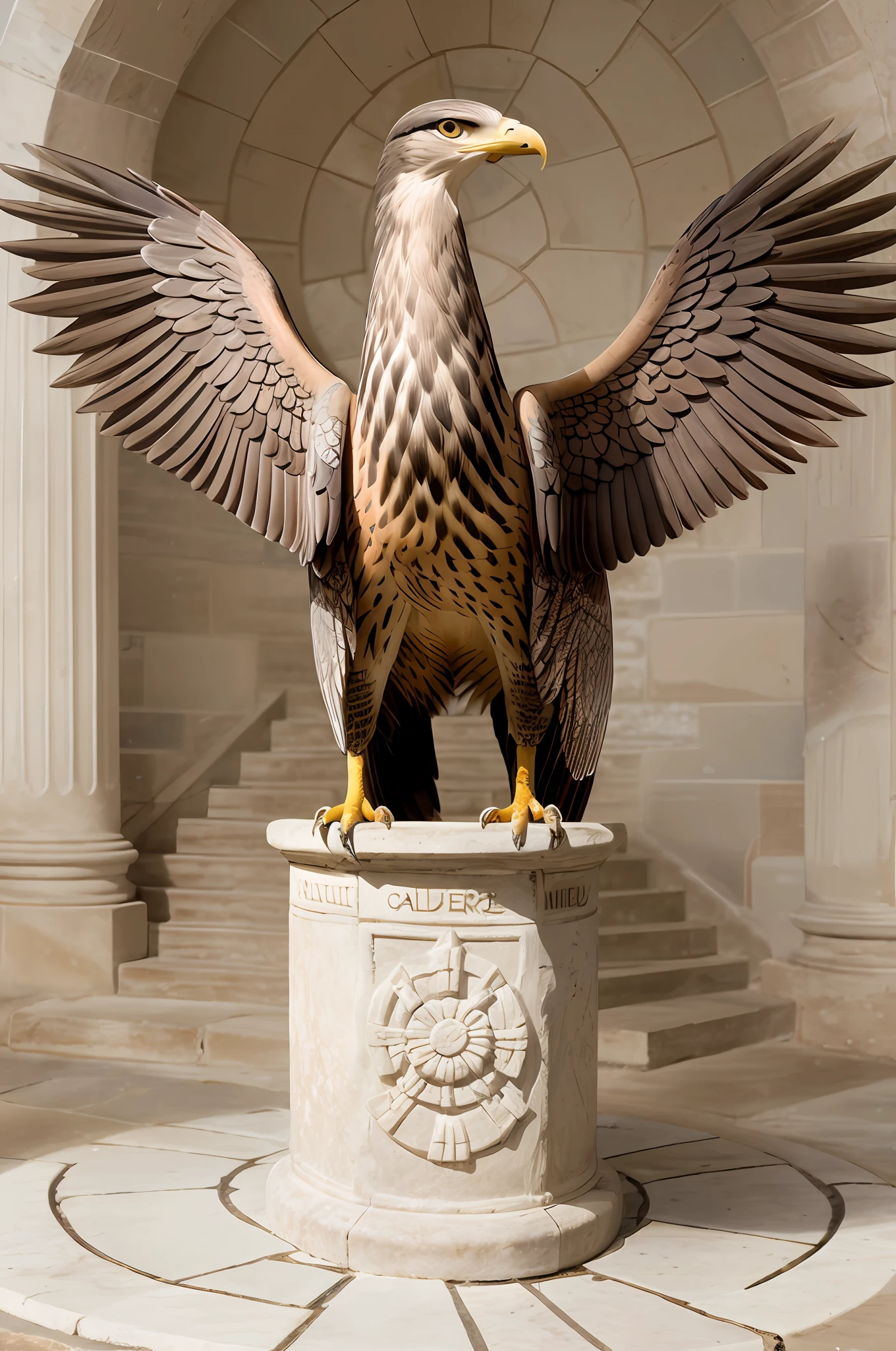 Escultura altamente detalhada &quot;The Midjourney hawk attacking prey on a round stone staircase em porcelana &quot;southern big beautiful hawk attacking prey on a round stone staircase &quot;, parcialmente envidraçada, forno a lenha, galeria de arte