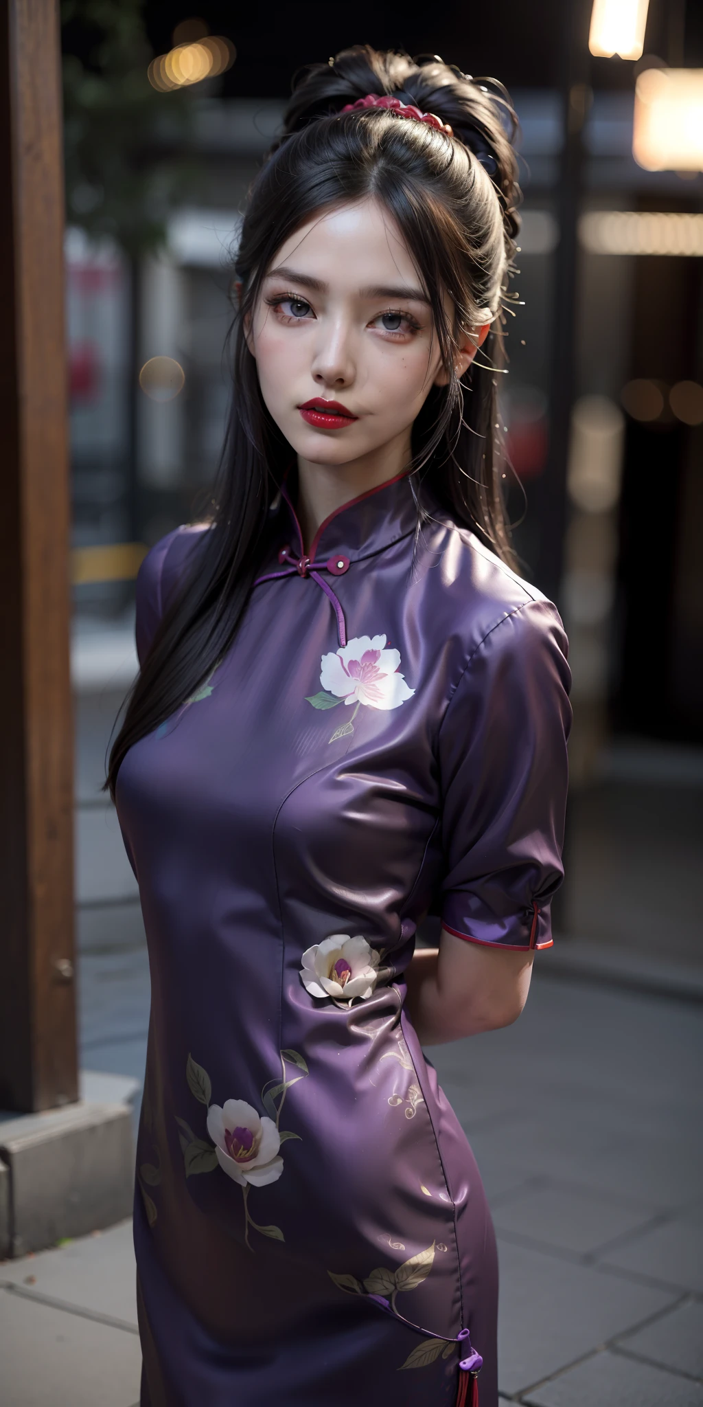 (purple printed china dress),1 girl, (arms behind back:1.1),(realistic:1.7),((best quality)),absurdres,(ultra high res),(photorealistic:1.6),photorealistic,octane render,(hyperrealistic:1.2), (photorealistic face:1.2), (8k), (4k), (Masterpiece),(realistic skin texture), (illustration, cinematic lighting,wallpaper),( beautiful eyes:1.2),((((perfect face)))),(cute),(standing),(black hair),long hair,black eyes, red lips, (outdoors),