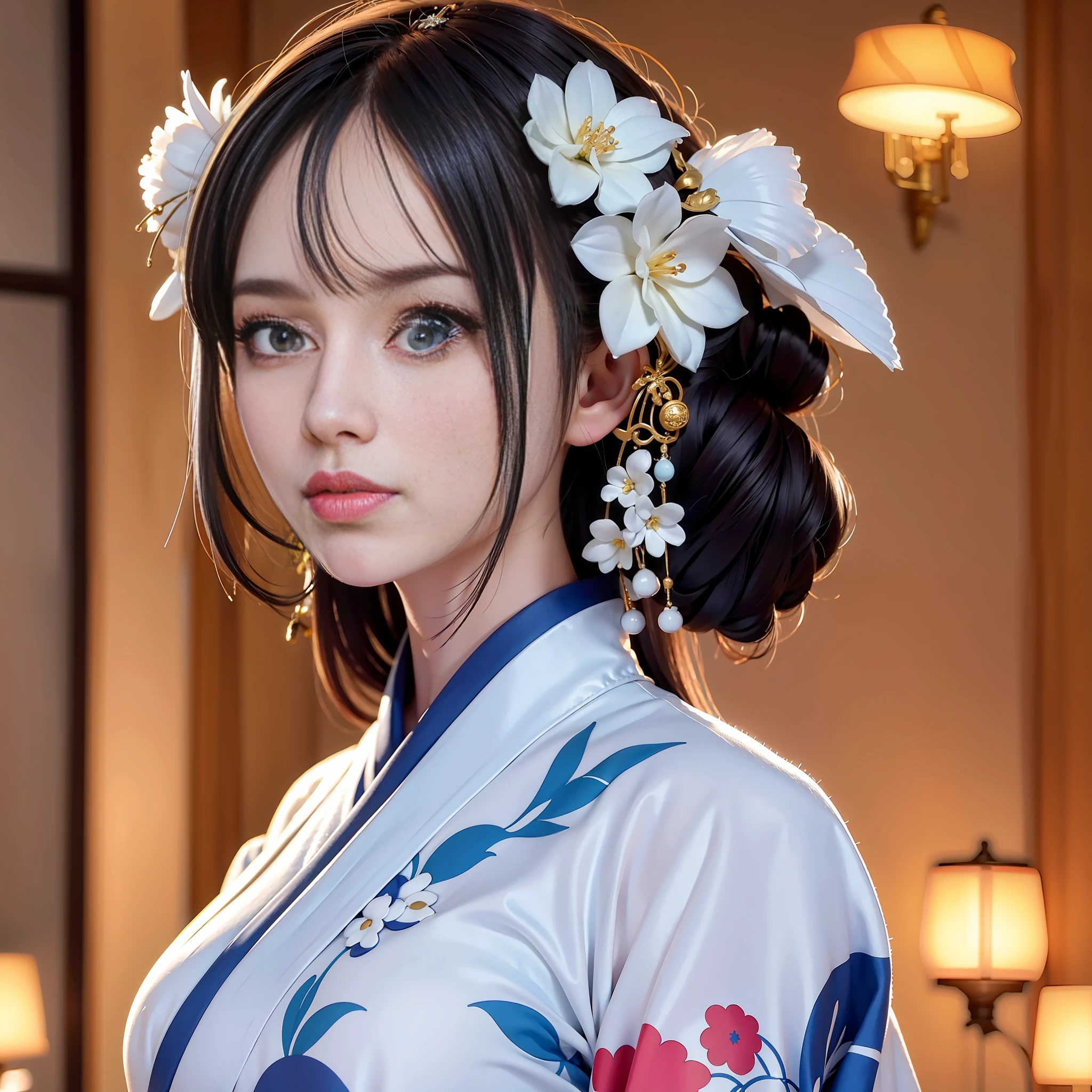 dark white hair, hair bell, crazy eyes, f/1.8, 85mm, Depth of Field, UHD, 8k, 4K, 16k, HD, 1080P, Best quality, high profile, surface texture, super detail, masterpiece, high quality, sexy floral kimono uniform white, 1girl, Big breasts, blue eyes, best anatomy