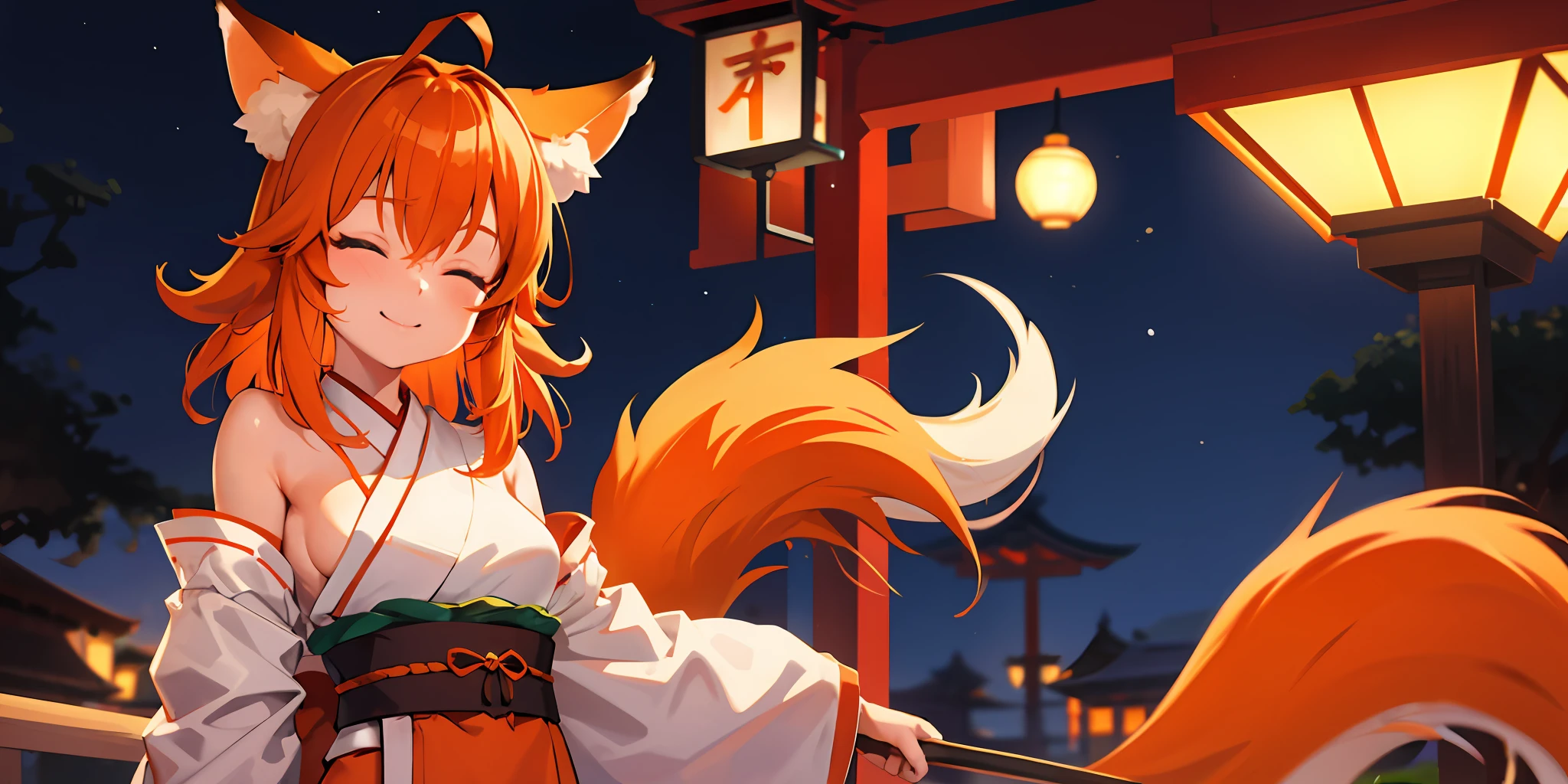 Daisaku, Excellent, Detailed, 1girl, Fox Girl, Orange Hair, Orange Beast Ears, Hairy Tail, White Kimono on Red, Small Breast, Closed Eyes, Smile, Shut Up, Night, Festival, Lamppost,