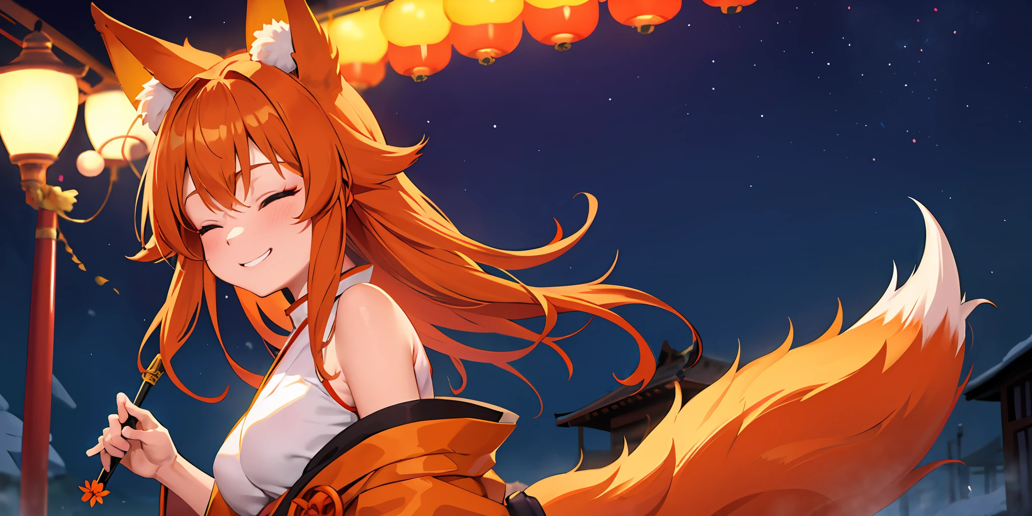 Daisaku, Excellent, Detailed, 1girl, Fox Girl, Orange Hair, Orange Beast Ears, Hairy Tail, White Kimono on Red, Small Breast, Closed Eyes, Smile, Shut Up, Night, Festival, Lamppost,