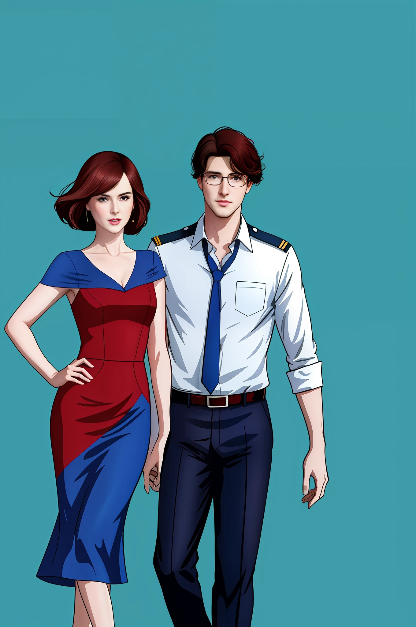 Michelle Dockery in a straight red-blue-red dress with dark hair, Jason Butler Harner as a pilot in glasses with dark hair, background - blue sky with planes, 2D style, cartoon style