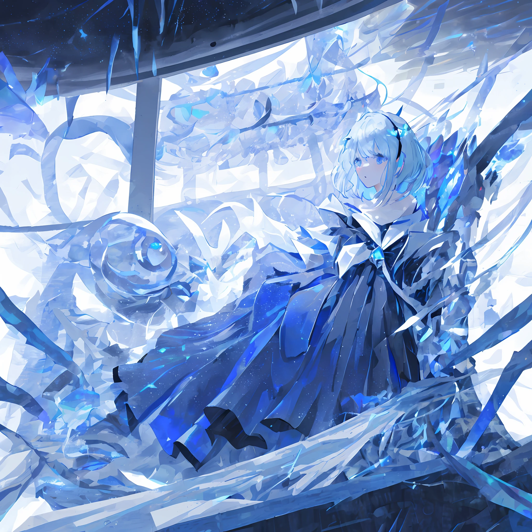 [(white background:1.5),::5] hexagon,
1 girl, mid shot, full body, (horrible atmosphere), Tindal effect, (Balance and coordination between all things), absurdity, blue flame, plasma, particle effects, crystal clear texture,star_\(sky\), space, starry_sky, blue_eyes, galaxy, solo, short_hair, earth_\(planet\),illumination,light,dynamic angle,depth of field,light and shadow,Real light and shadow,diffuse reflection
