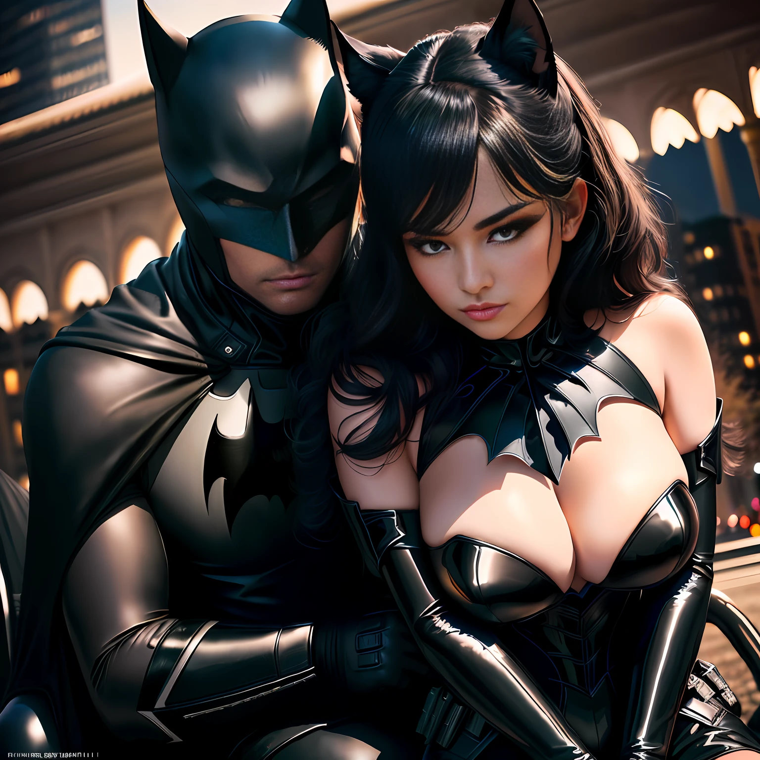 batman and catwoman riding together on the same horse ((a beautiful, strong, shiny fur, black and expressive eyes, Black Steed)), Batman is riding bareback without a saddle on the Black Corvel and Catwoman is sitting in front of him on the Black Steed, are riding in Gotham city municipal park, a beautiful couple on valentine's day, realistic, high definicion, ultra resolution, ultra definicion, detailed, Fujifilm XT3, Dark ilumination, intensity, dramatic, romantic, 64k
