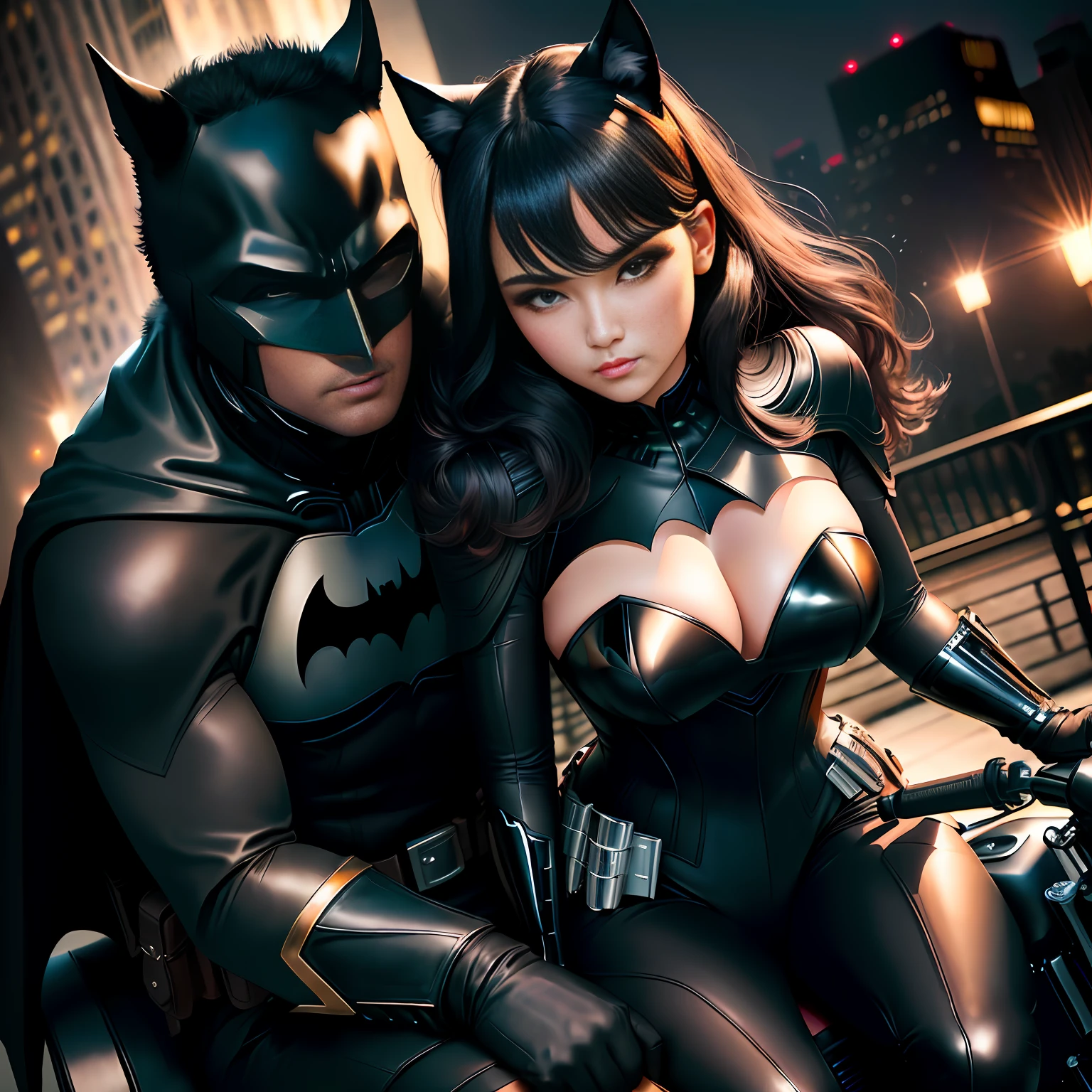 batman and catwoman riding together on the same horse ((a beautiful, strong, shiny fur, black and expressive eyes, Black Steed)), Batman is riding bareback without a saddle on the Black Corvel and Catwoman is sitting in front of him on the Black Steed, are riding in Gotham city municipal park, a beautiful couple on valentine's day, realistic, high definicion, ultra resolution, ultra definicion, detailed, Fujifilm XT3, Dark ilumination, intensity, dramatic, romantic, 64k