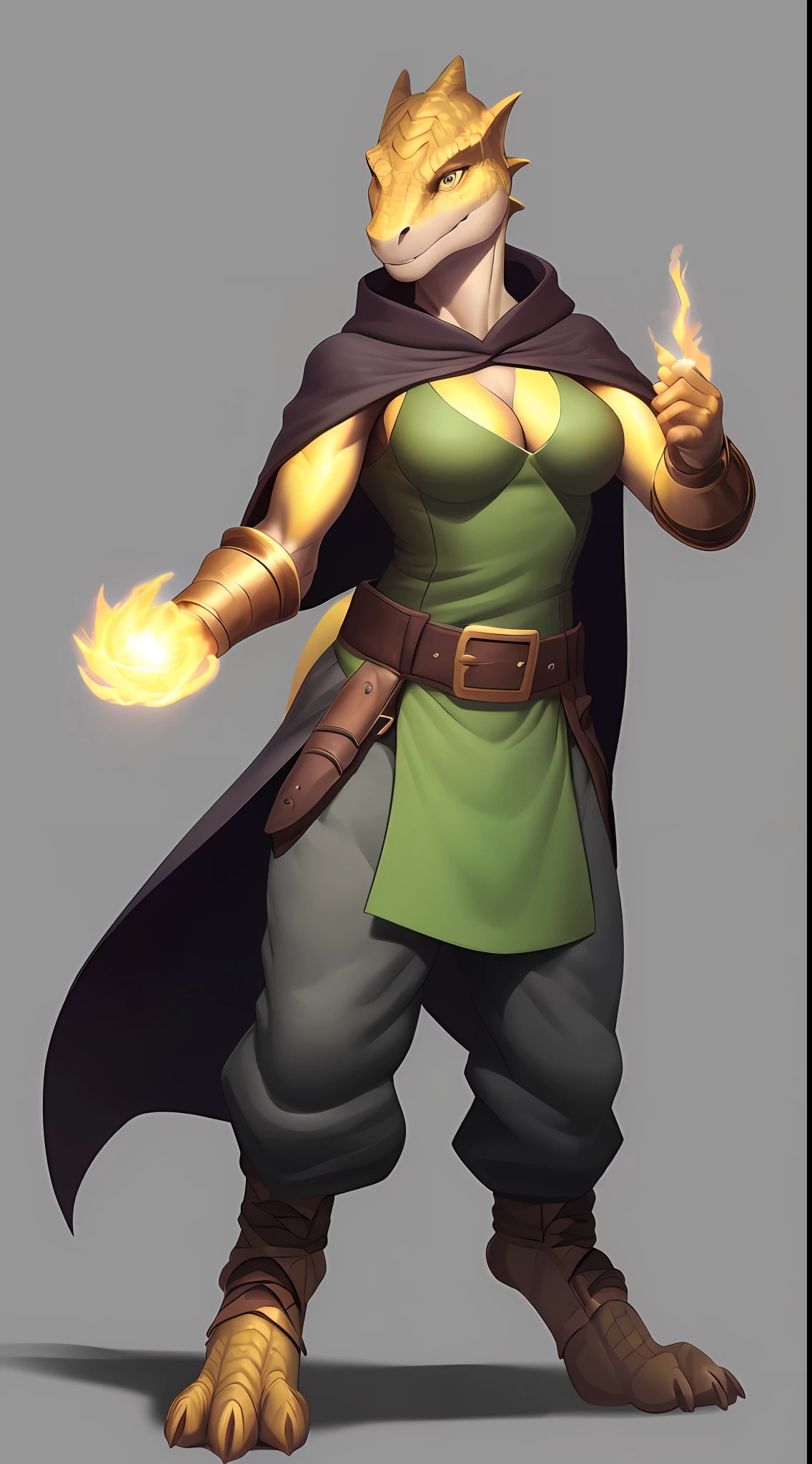 (Lizard), (yellow), reptile, antro, (wearing tunic), wearing cloak, (wearing cotton pants), high detail, high resolution, raw photo, gray background, cleavage, 1girl, solo, medium breasts, high quality, hi res, sharp, detailed body, detailed, cartoony, ((holding magic)), ((looking at viewer)), (angry), mad, t full body, whole body, ((full body portrait)), far away, (((full body concept))), attack pose, battle pose, average body, slim, weak, thin, skinny, small waist, yellow lightning magic, yellow magic
