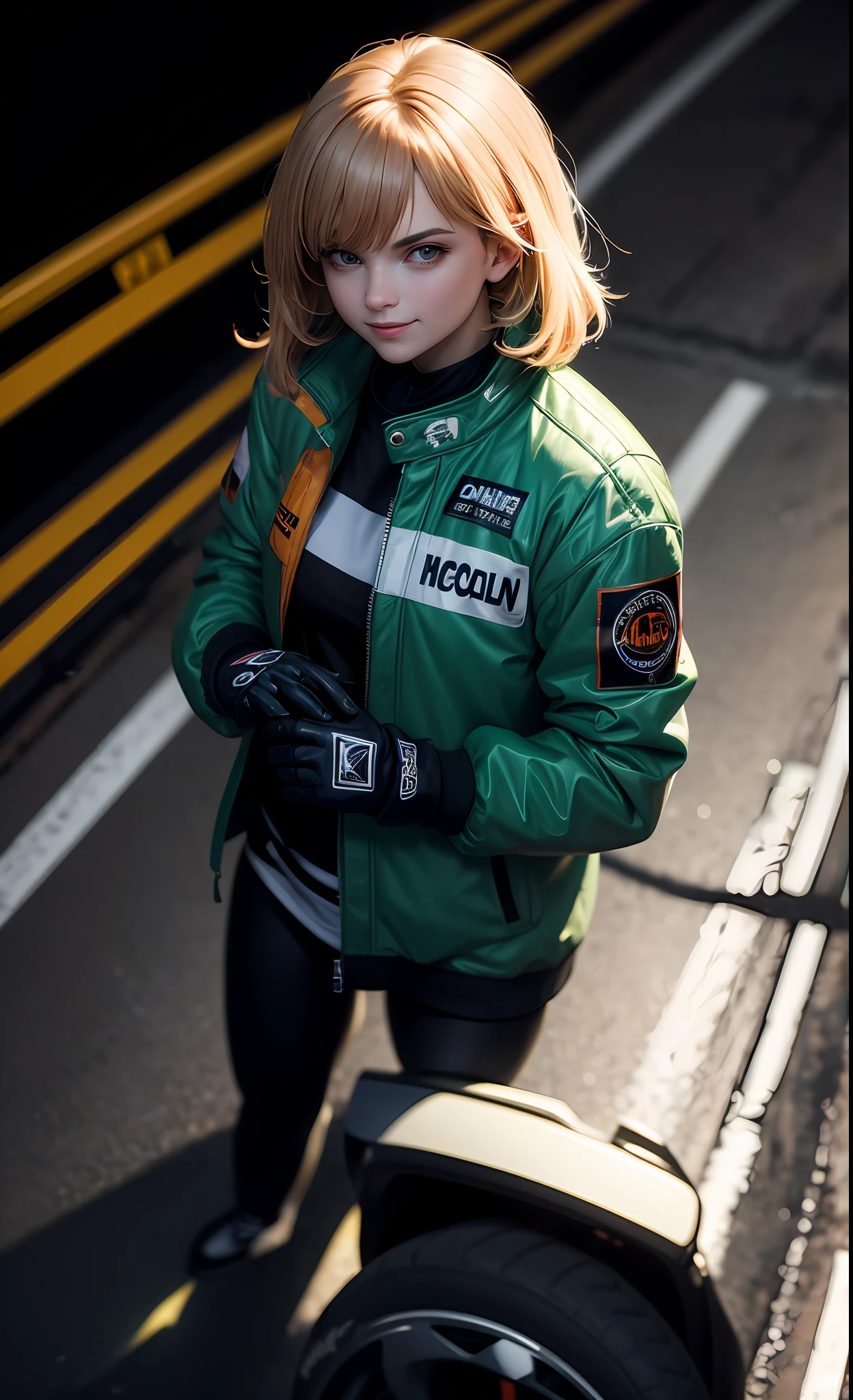 masterpiece, best quality, leaning against car, underground street racing, oversized racing jacket, racing gloves, oversized clothes, night, glow, glowing, close-up, smug, (smile:0.7), from above