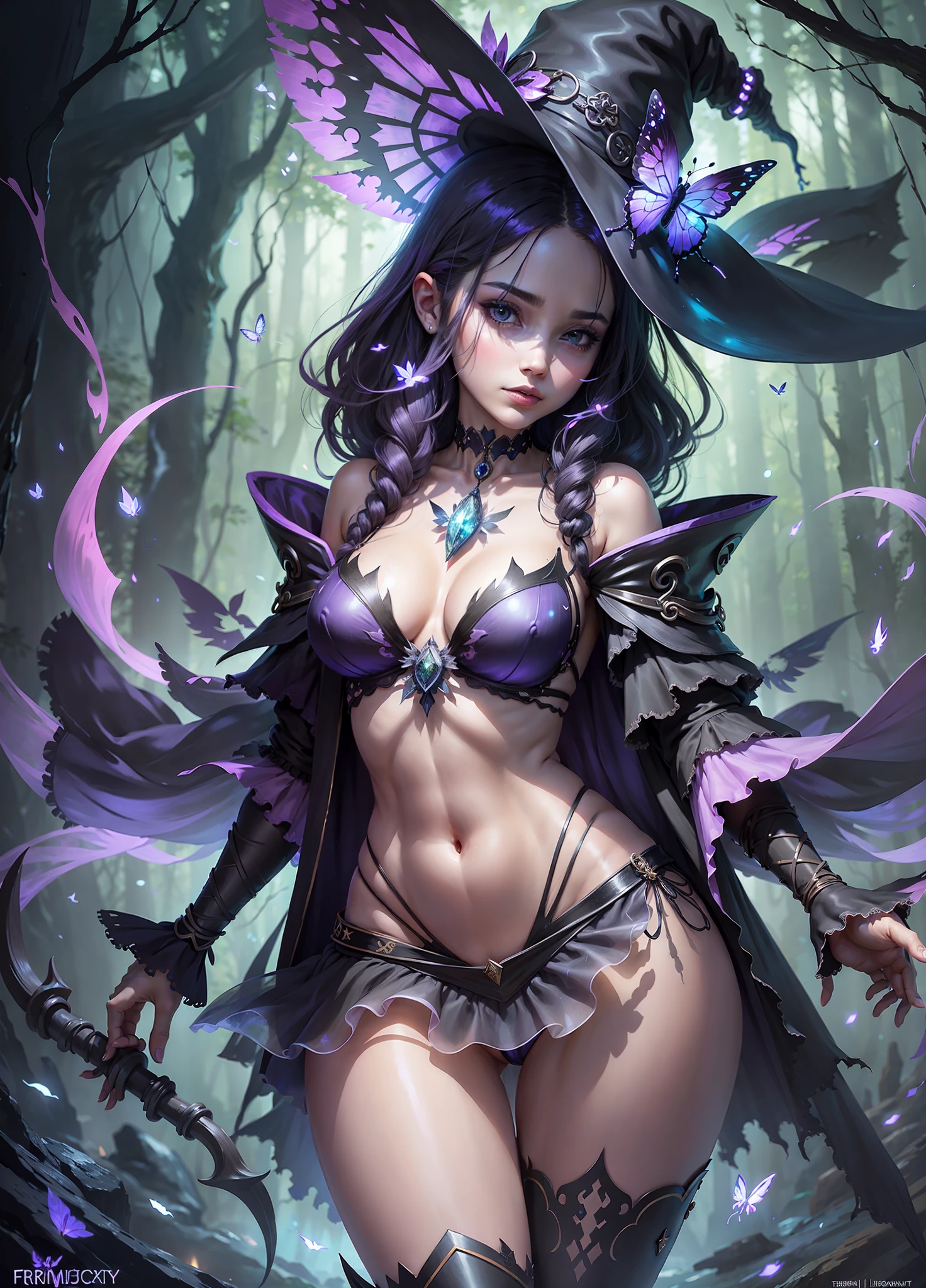 sexy full shot body photo of the most beautiful artwork in the world, illustration, cinematic light, fantasy, highres, highest quallity, ultra detailed, best quality, masterpiece, (detailed face), sexy goth girl wears a bikini and (torn) fullbody (transparent galaxy) cloths coat, floating cloth, choker, glowing (elder underworld fantasy) forest plants with neon details, open shoulders, tiny glowing butterfly, hair jewery, wearing a torn witch hat, (focus on body:1.25), night, small mutated animals in background, torn mini skirt ,a potion on hip, shoulder pads emitting magic energy, cameltoe, dark, light reflection