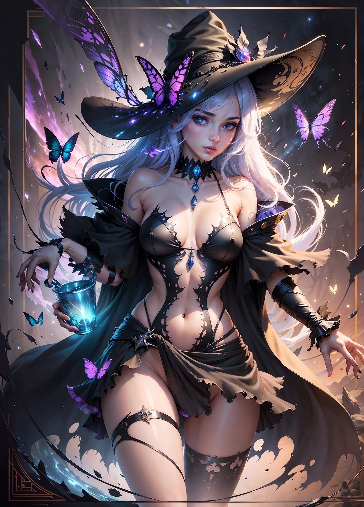 sexy full shot body photo of the most beautiful artwork in the world, illustration, cinematic light, fantasy, highres, highest quallity, ultra detailed, best quality, masterpiece, (detailed face), sexy goth girl wears a bikini and (torn) fullbody (transparent galaxy) cloths coat, floating cloth, choker, glowing (elder underworld fantasy) forest plants with neon details, open shoulders, tiny glowing butterfly, hair jewery, wearing a torn witch hat, (focus on body:1.25), night, small mutated animals in background, torn mini skirt ,a potion on hip, shoulder pads emitting magic energy, cameltoe, dark, light reflection