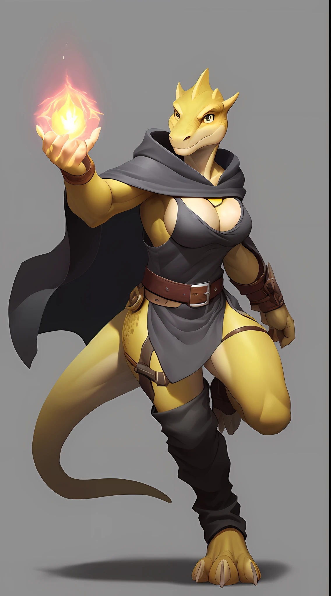 (Lizard), (yellow), reptile, antro, (wearing tunic), wearing cloak, (wearing cotton pants), high detail, high resolution, raw photo, gray background, cleavage, 1girl, solo, medium breasts, high quality, hi res, sharp, detailed body, detailed, cartoony, ((holding magic)), ((looking at viewer)), (angry), mad, t full body, whole body, ((full body portrait)), far away, (((full body concept))), attack pose, battle pose, average body, slim, weak, thin, skinny, small waist, yellow lightning magic, yellow magic