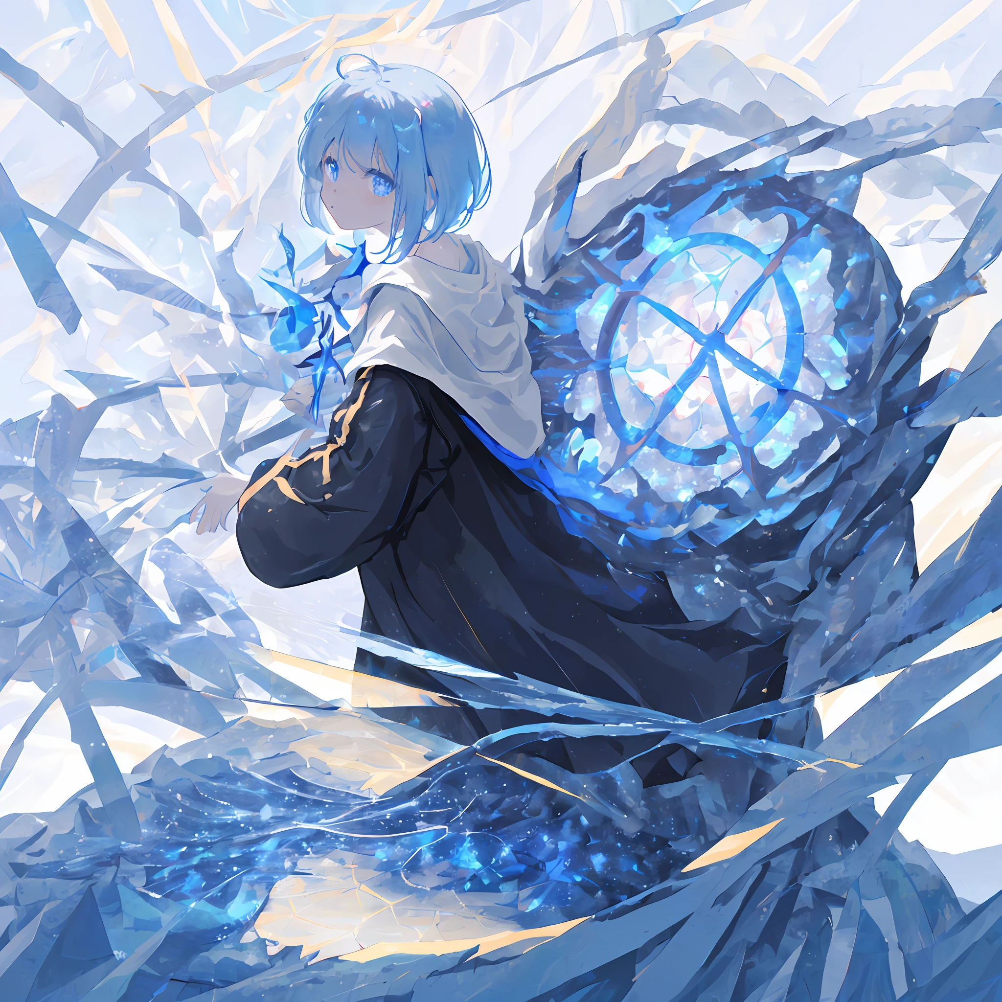 [(white background:1.5),::5] hexagon,
1 girl, mid shot, full body, (horrible atmosphere), Tindal effect, (Balance and coordination between all things), absurdity, blue flame, plasma, particle effects, crystal clear texture,star_\(sky\), space, starry_sky, blue_eyes, galaxy, solo, short_hair, earth_\(planet\),illumination,light,dynamic angle,depth of field,light and shadow,Real light and shadow,diffuse reflection