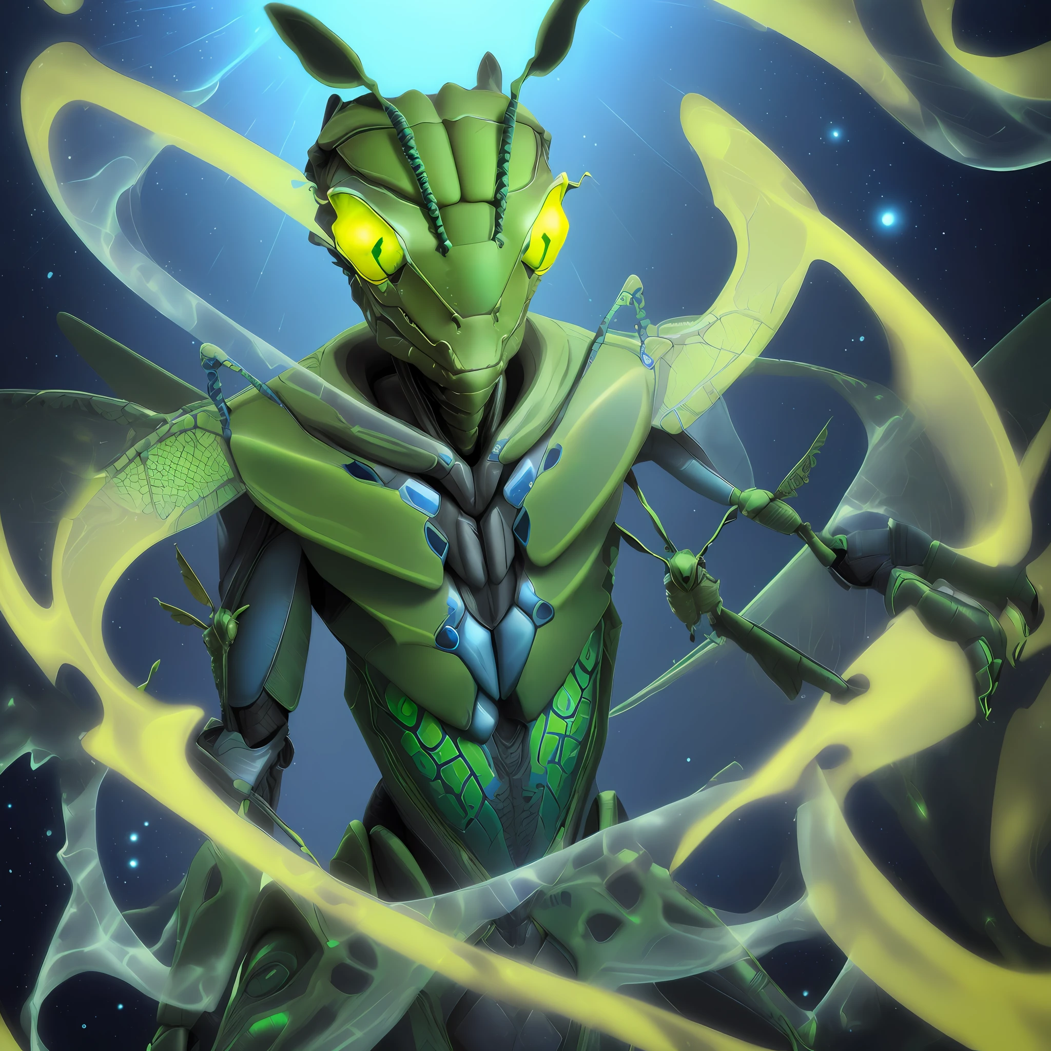 ((humanoid-shaped grasshopper)| (extraterrestrial)), human features, humanoid form, unique and enigmatic, mystery of the cosmos, eyes (intense blue|yellow|green):1.3, exotic textures, intricate details, deep shadows.
