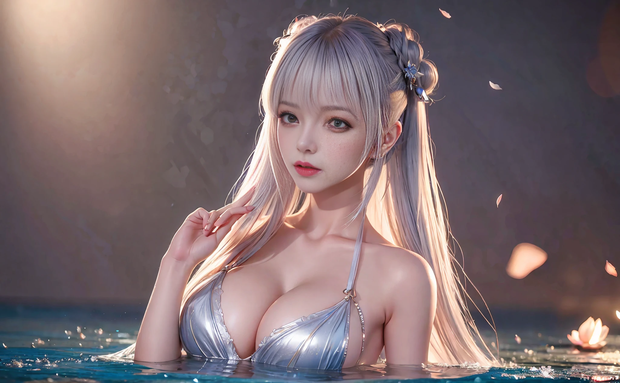 Silver hair, double bun, upper body, standing in water, parted bangs, modern, surreal, film lighting, chiaroscuro, masterpiece, textured skin, high resolution, high quality, high detail, beautiful face, big breasts, obvious cleavage, translucent clothes, falling petals