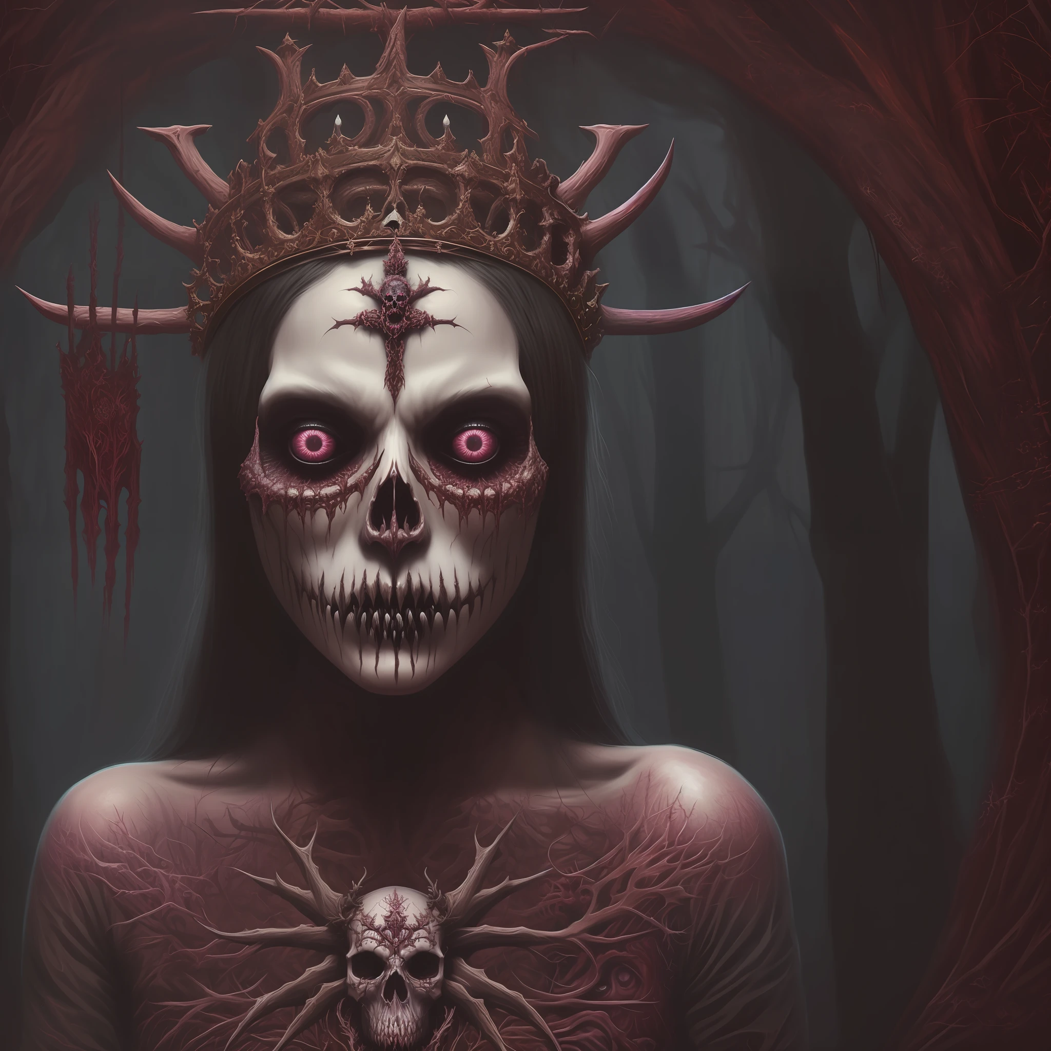 skull demon king concept art portrait by Casey Weldon, Olga Kvasha, Miho Hirano, hyperdetailed intricately detailed gothic art trending on Artstation triadic colors Unreal Engine 5 detailed matte painting, deep color, fantastical, intricate detail, splash screen, complementary colors, fantasy concept art, 8k resolution, gothic deviantart masterpiece